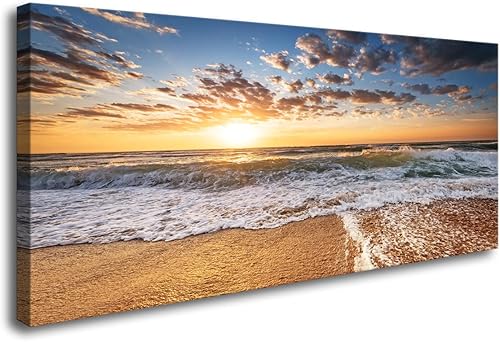 Jiuqinghua Lienzo decorativo grande para pared, diseño de amanecer sobre el mar, 1 panel, océano, playa, olas, paisaje, pintura, obra de arte para