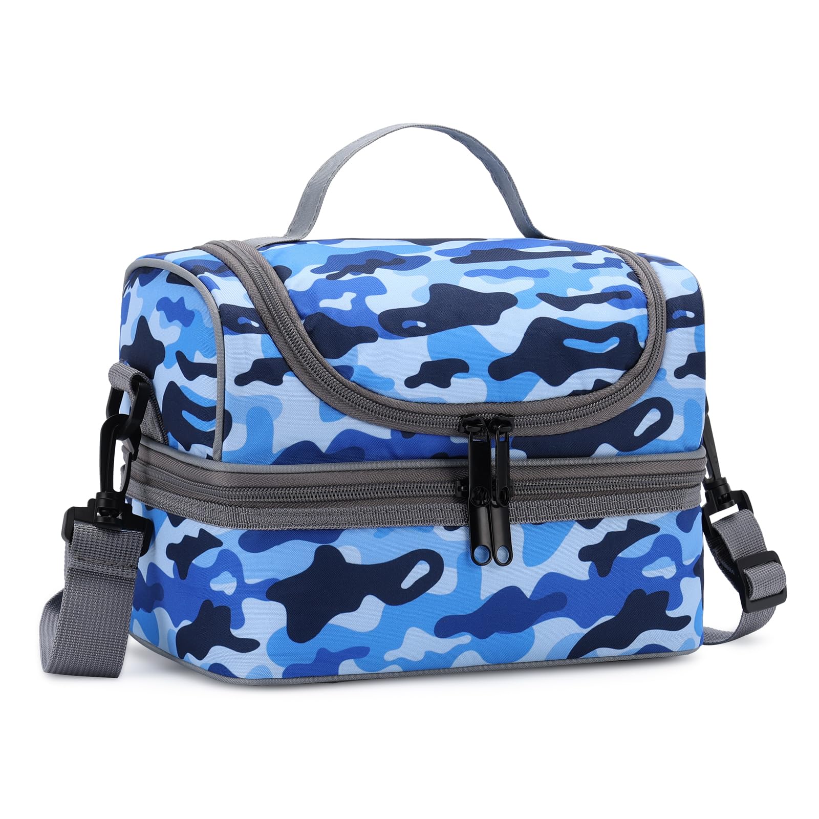 Chase ChicChildren's Lunch Bag, Reusable, Lightweight, Insulated Lunch Boxes, Leak-Proof Cool Bag in Dual Compartment with Removable, Adjustable Shoulder Strap, Blue Camouflage