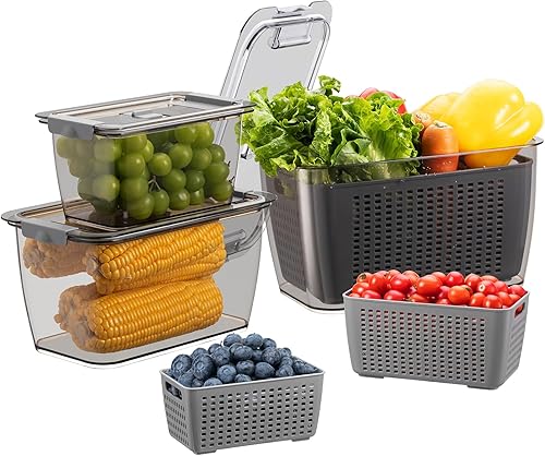 Contenedores de almacenamiento de frutas frescas, paquete de 3 recipientes para refrigerador con tapas y colador extraíble, organizador de