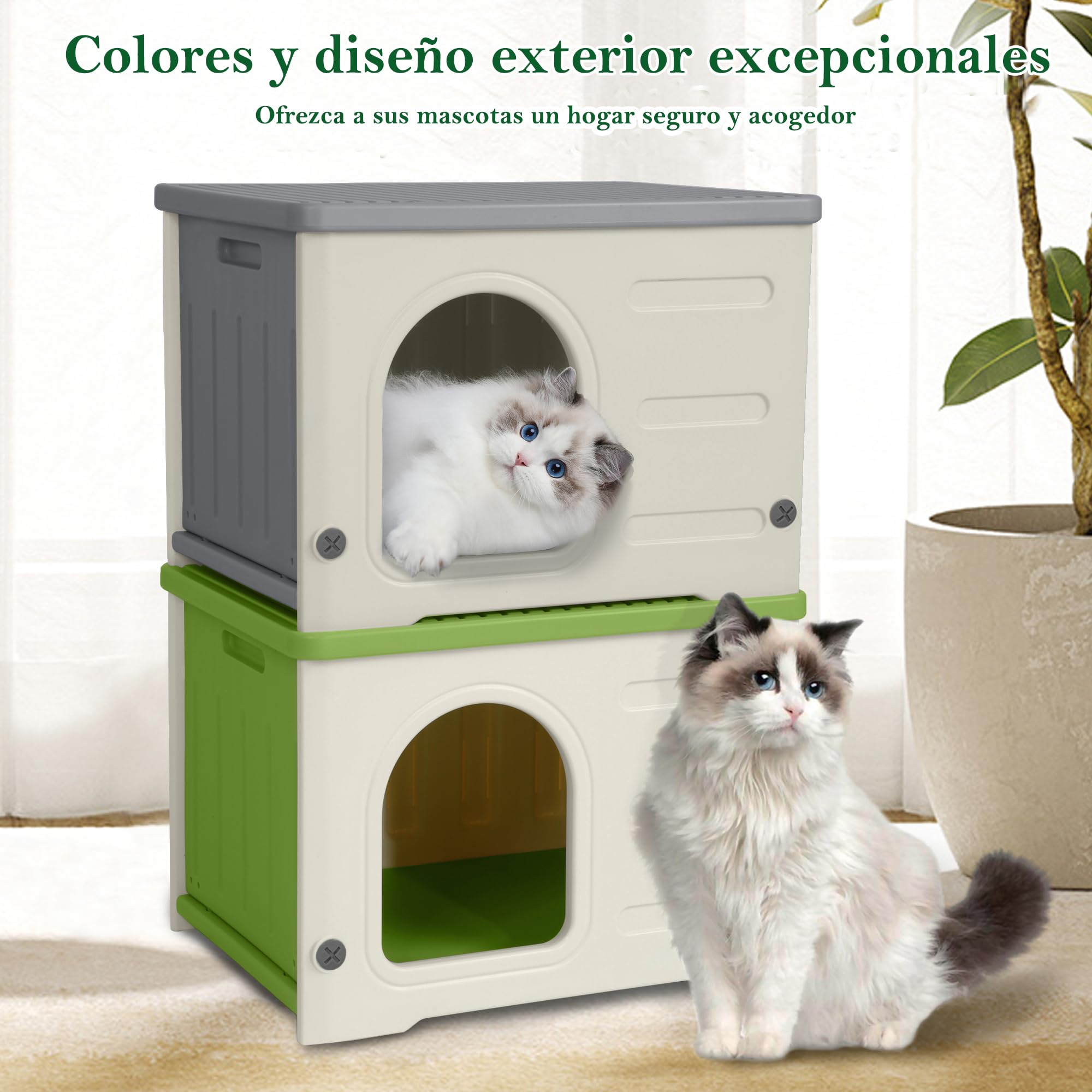 Casetta per gatti in plastica, resistente all'inverno, impilabile, isolata, impermeabile, verde