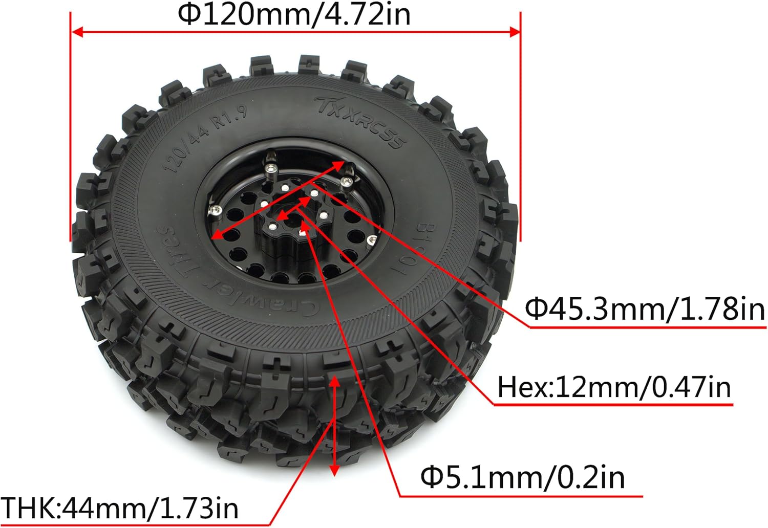 RC Crawler 1.9 Beadlock Wheels and Tires Tall Soft Sticky Mud Slingers Tyres & Aluminium Rims Hex 12mm for 1/10 SCX10 Wheels TRX4 SCX10 RC Crawler Axial Remote Control Car YK (Black)