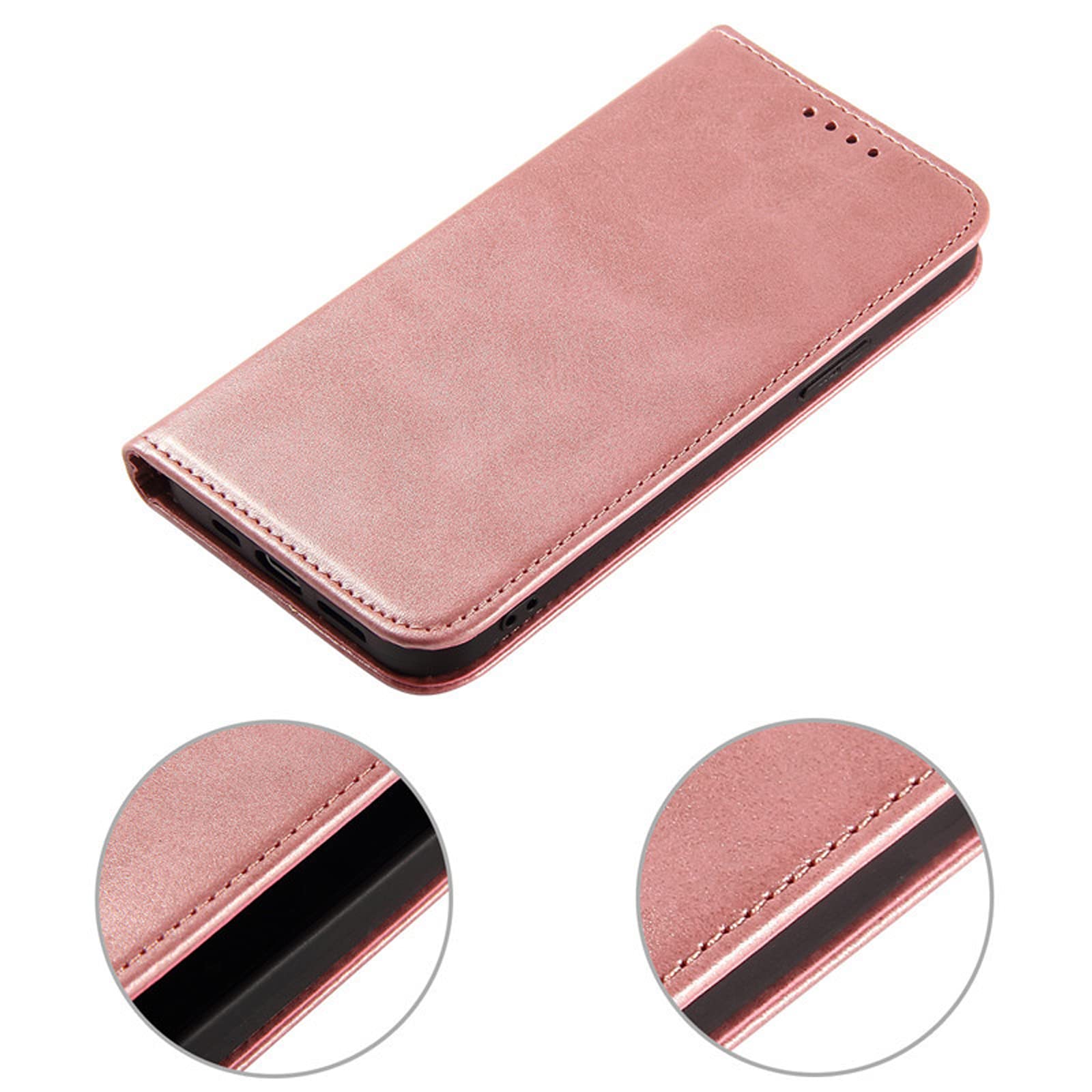 LTL Etui na telefon do iPhone 13 Mini/13/13 Pro/13 Pro Max, ręcznie robione skórzane etui z klapką z przegródkami na karty, etui na telefon, magnetyczne zamknięcie, różowe, 13 6,1 cala