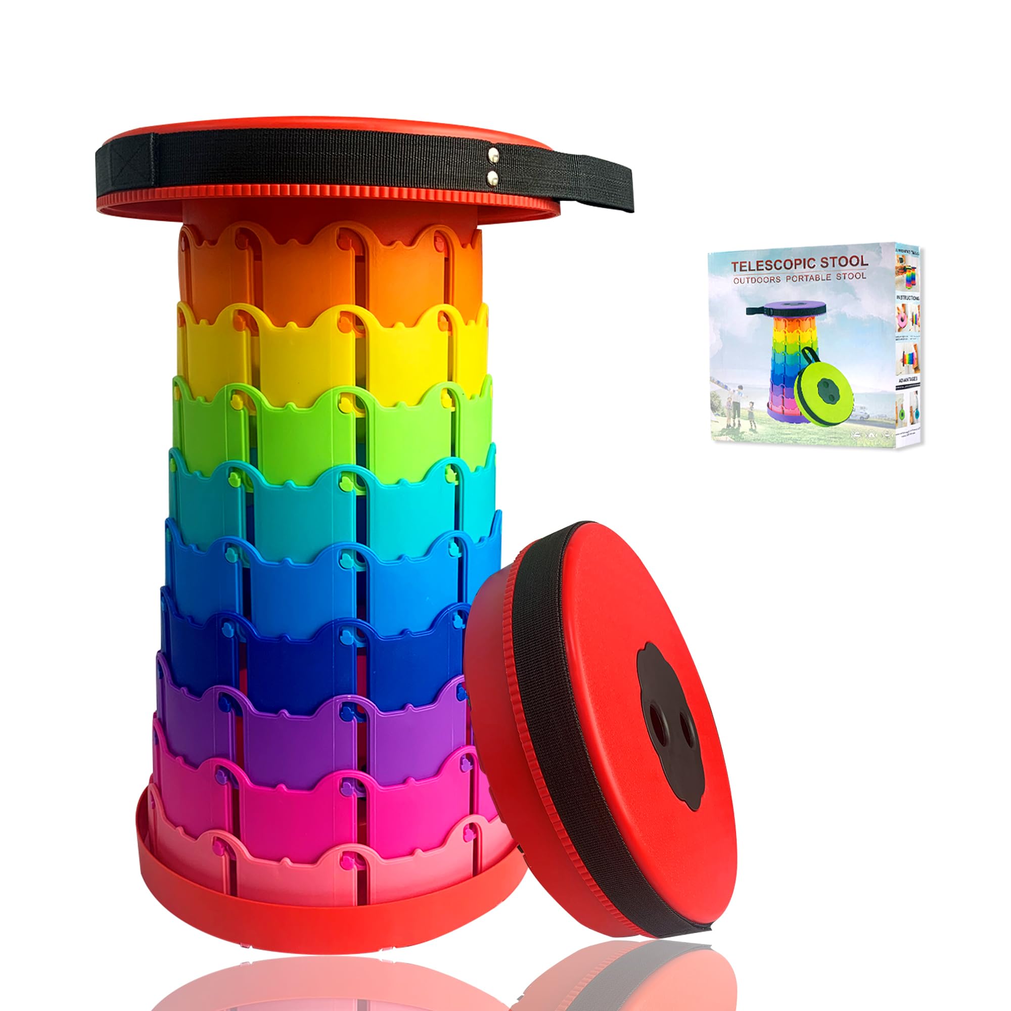 Jakuva Upgraded Camping Stool, Retractable Folding, Collapsible Telescoping Portable Stool with Max Load 360lbs for Adults, Indoor Outdoor Hiking Gardening, Rainbow Color