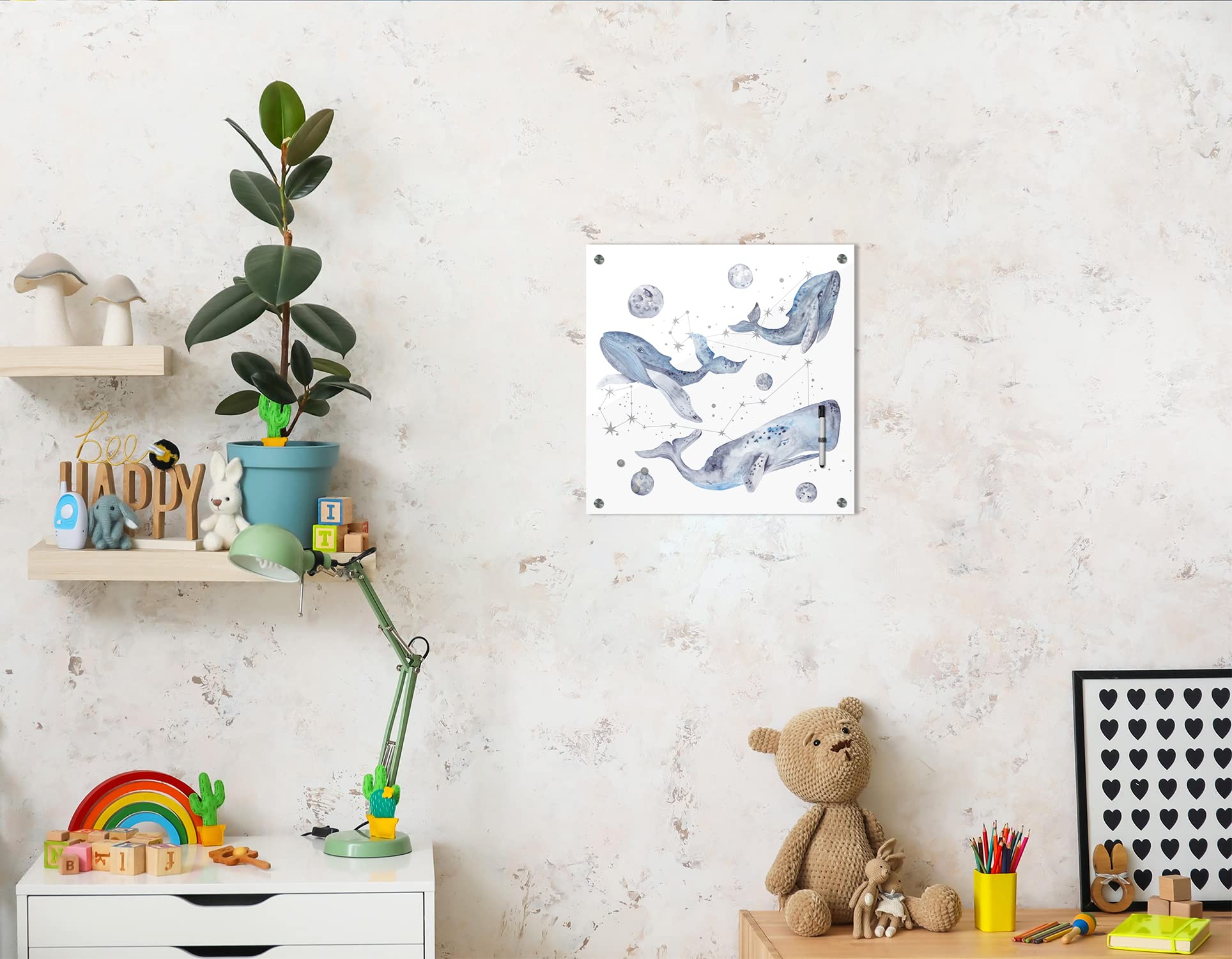 Tableau mémo 40 x 40 cm | Motif enfant | Aquarelle – Baleine | Tableau magnétique en verre lavable avec support magnétique | dans différents designs pour filles & garçons – Chambre d'enfant | 1330b