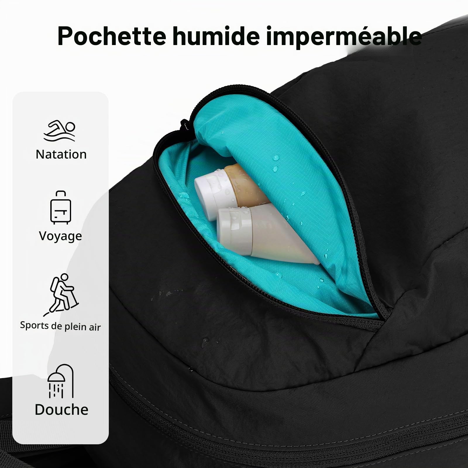 25L Sac a Dos Pliable Femme Homme, Petit Sac a Dos Randonnee avec Poche Humide, Ultraléger Sacs Randonnée Etanche, Sacs a Dos Sport pour Voyage Loisir, Noir
