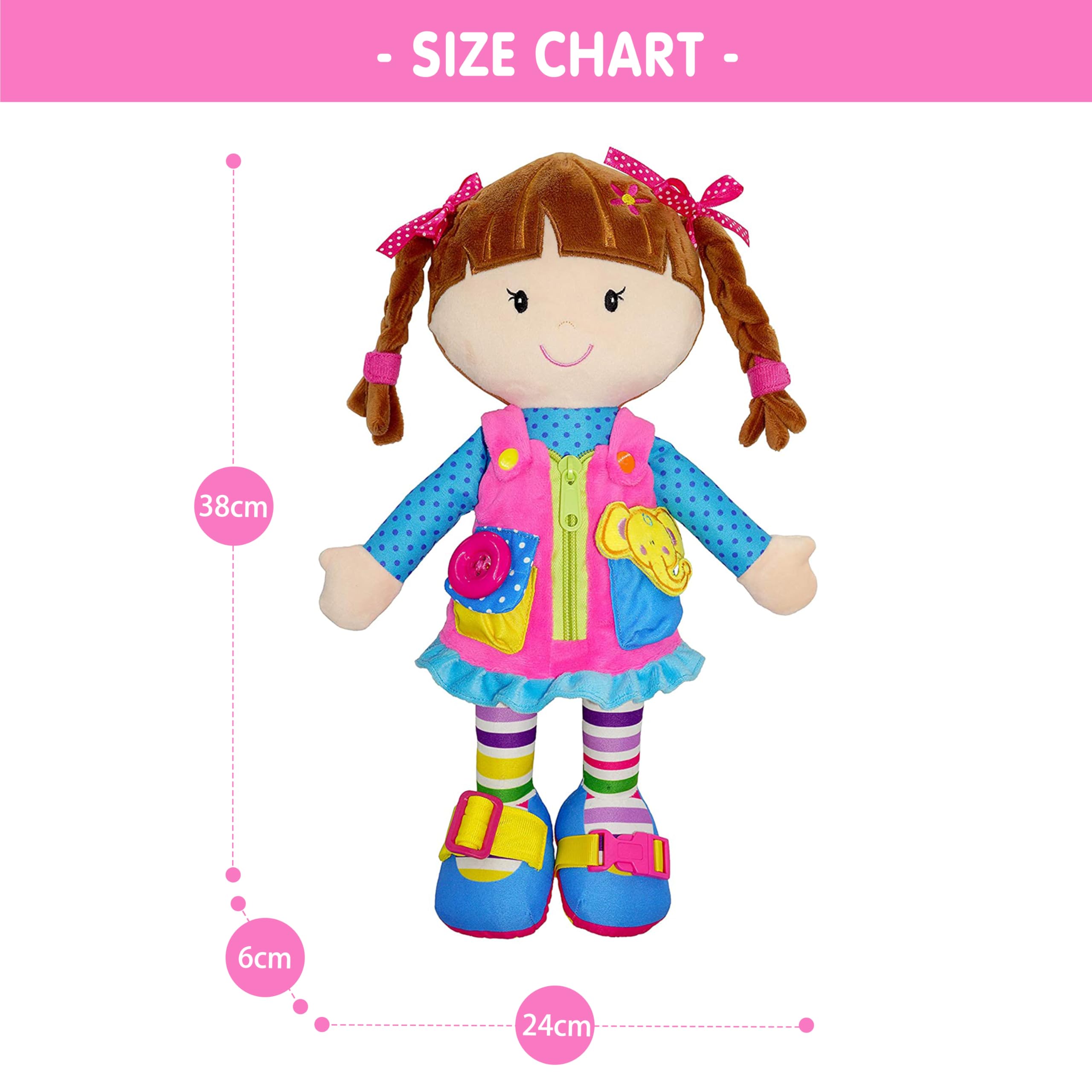 Dressy Friends Belle - Muñeca de peluche educativa para niños y niños pequeños de 18 meses en adelante - Juguete suave con hebilla Montessori de 40 cm