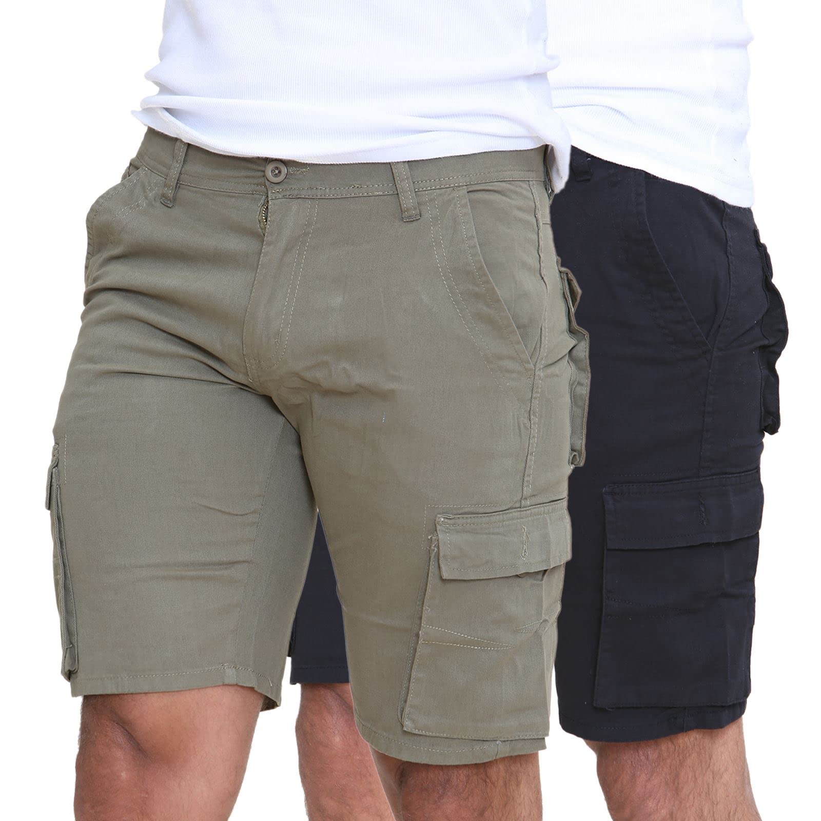Westace Men's Black & Olive - Cargo Cargo Shorts Combat Twill Work Chino Knee Length Summer Pants Pockets Pack Of Two, 36W