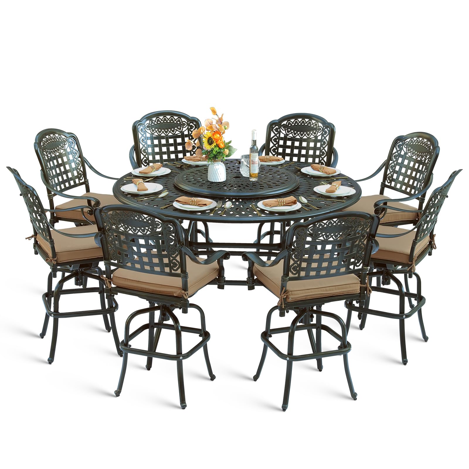 MEETWARM 10-Piece Outdoor Bar Set, All Weather Cast Aluminum Patio Bar Furniture with 8 Cushioned Swivel Bar Stools, Large 61" Round Patio Bar Height Table with Detachable Lazy Susan, Umbrella Hole