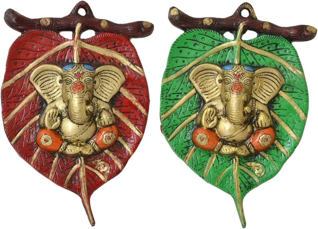 The Hue Cottage 'Lord Ganpati Figurine Wall and Door Hanging' Sitting on Leaf, Unique Stylish Beaded Valance, by Copper Idol Sculpture, for Home Decoration Showpiece - 21 x 16 Inches