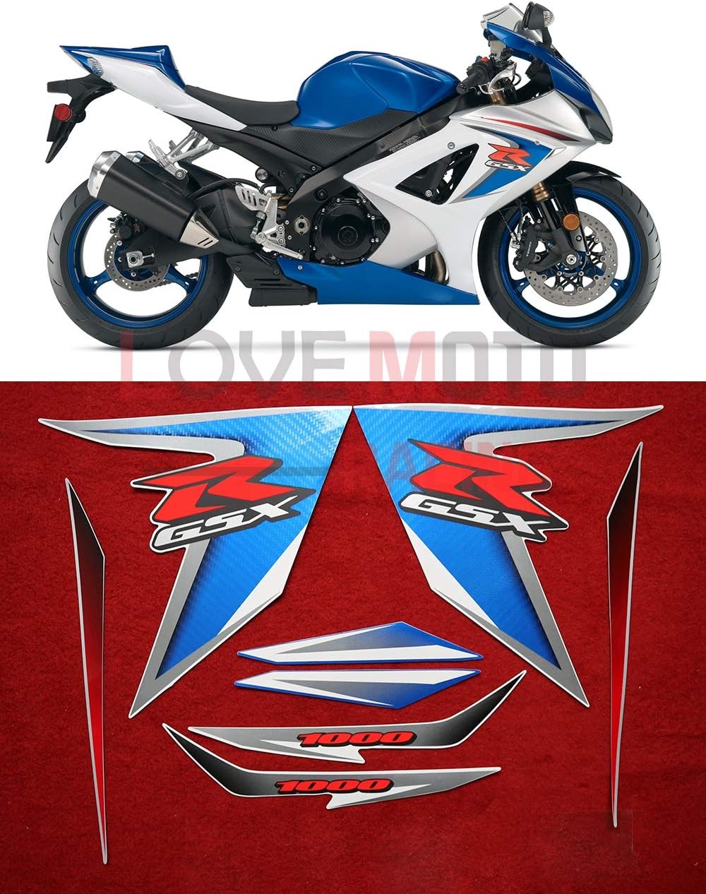 LoveMoto Whole Vehicle Decals Stickers for 2007 2008 K7 GSXR1000 GSXR 1000 07 08 Motorcycle Full kit Decals (Blue & Silver)