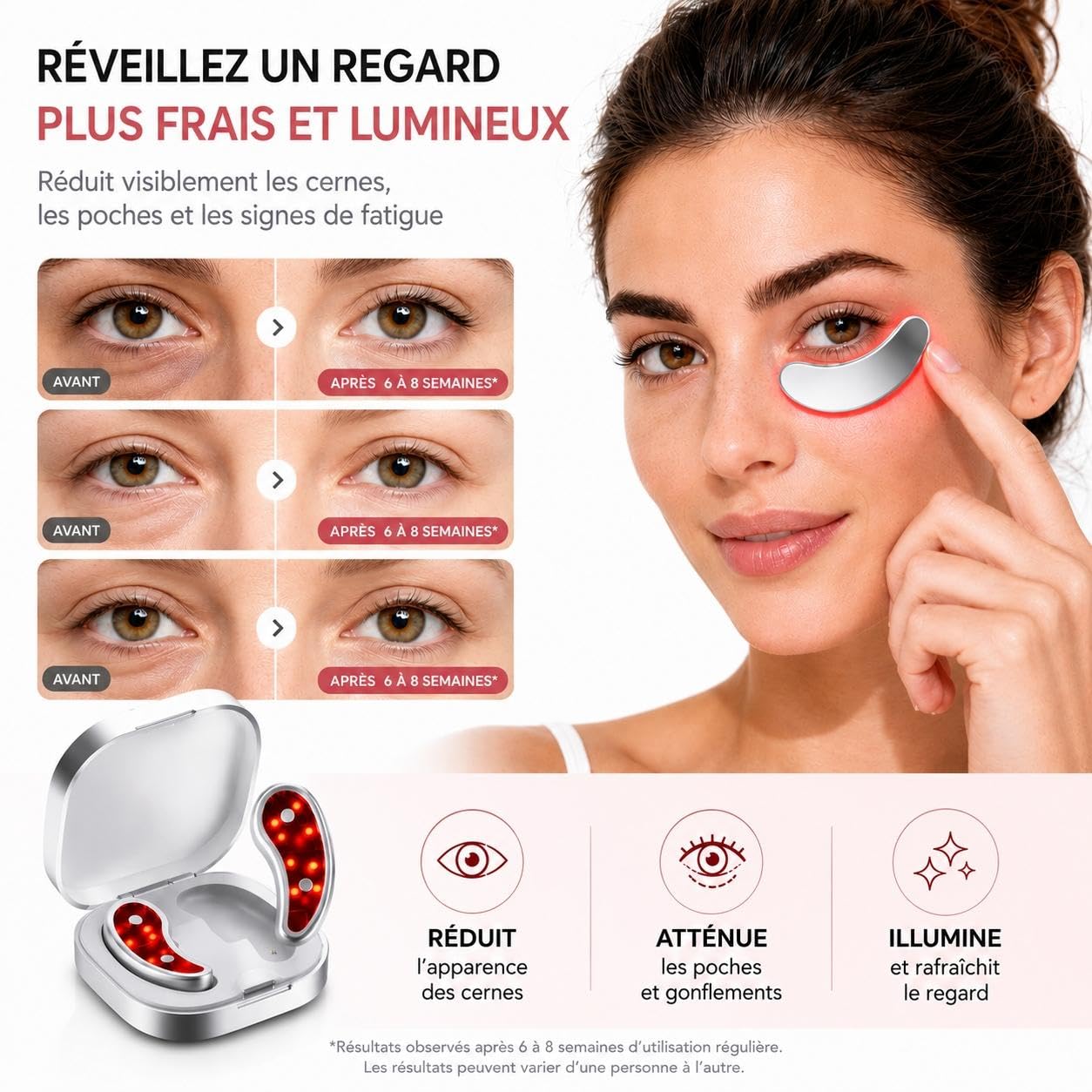 Patchs LED Rechargeables pour le Contour des Yeux – Massage à Lumière Rouge Anti-Cernes, Anti-Poches et Anti-Rides, Soin Raffermissant Portable pour un Regard Plus Éclatant