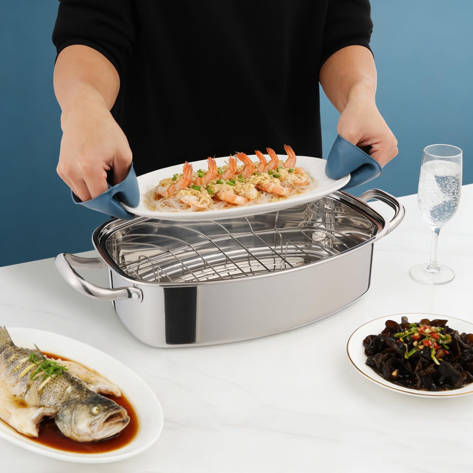 Edelstahl Dampfgarer Topf Set, Gas-, Elektro- & Induktionskochfeldern kompatibe, ovales Mehrzweck-Kochgeschirr mit Glasdeckel, Dampfeinsätze, Timer und Zange, für Fisch, Suppe & Dünsten (1 Etagen)