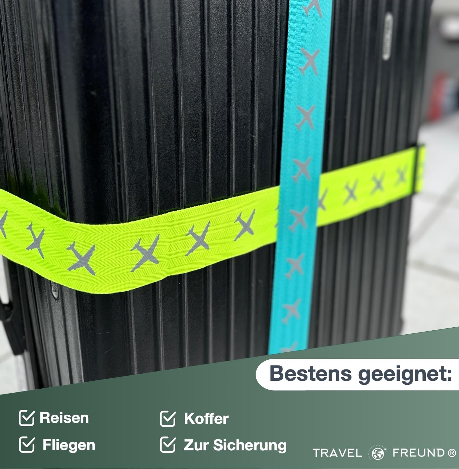 Travelfreund® zestaw 4 taśm do walizka i 4 zawieszek do walizka, kolorowe – jako zawieszka adresowa do bagażu – pasy do podróży i latania, zielony, niebieski