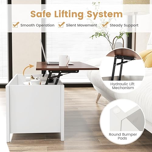 Miniatura 7 de Mesa auxiliar elevable, mesa de té moderna 2 en 1 con compartimento de almacenamiento oculto y 3 estantes de almacenamiento abiertos, mesa central