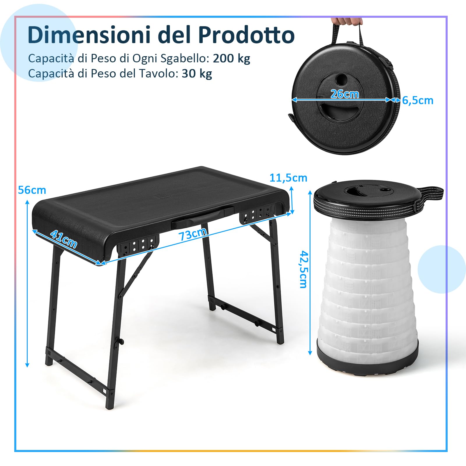 COSTWAY Set Tavolo da Campeggio con 2 Sgabelli LED Pieghevole, Set Tavolino Richiudibile in Valigetta Portatili, con Maniglia, Leggero, per Giardino Picnic BBQ