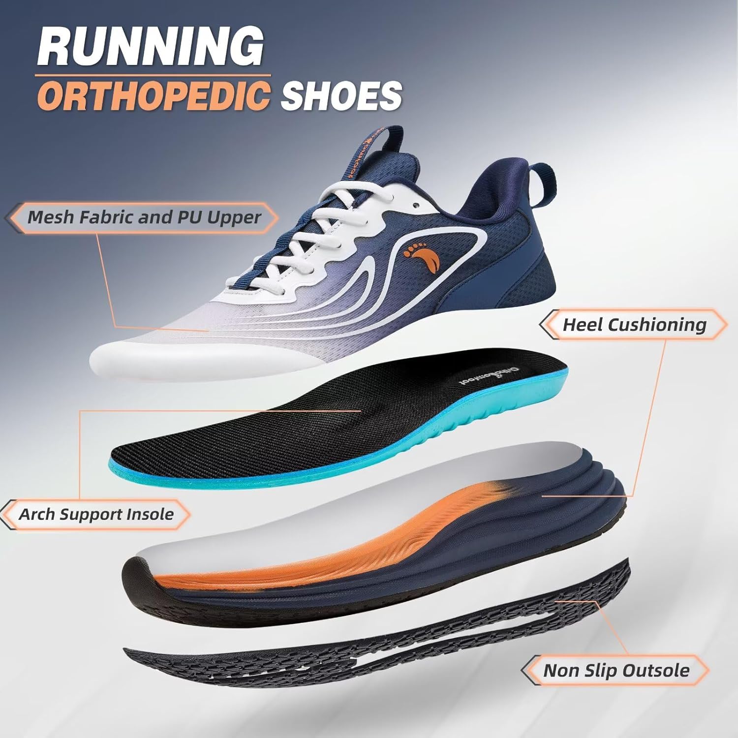 Men's Orthopedic Road Running Sneakers: Comfortable Casual Arch Supports Plantar Fasciitis Orthotic Sports Athletic Shoes, Flat Feet High Arch Tennis Work Walking Shoes for Foot Heel and Pain Relief - Image 2