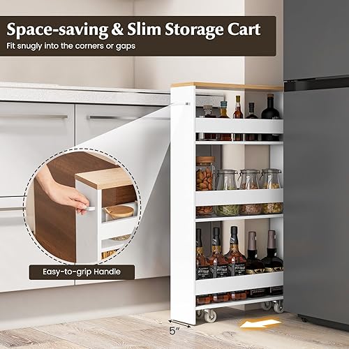 Miniatura 8 de LOKO Carrito de almacenamiento delgado, carrito rodante blanco de 4 niveles con asa y parte superior de madera para cocina, baño, lavandería, sala