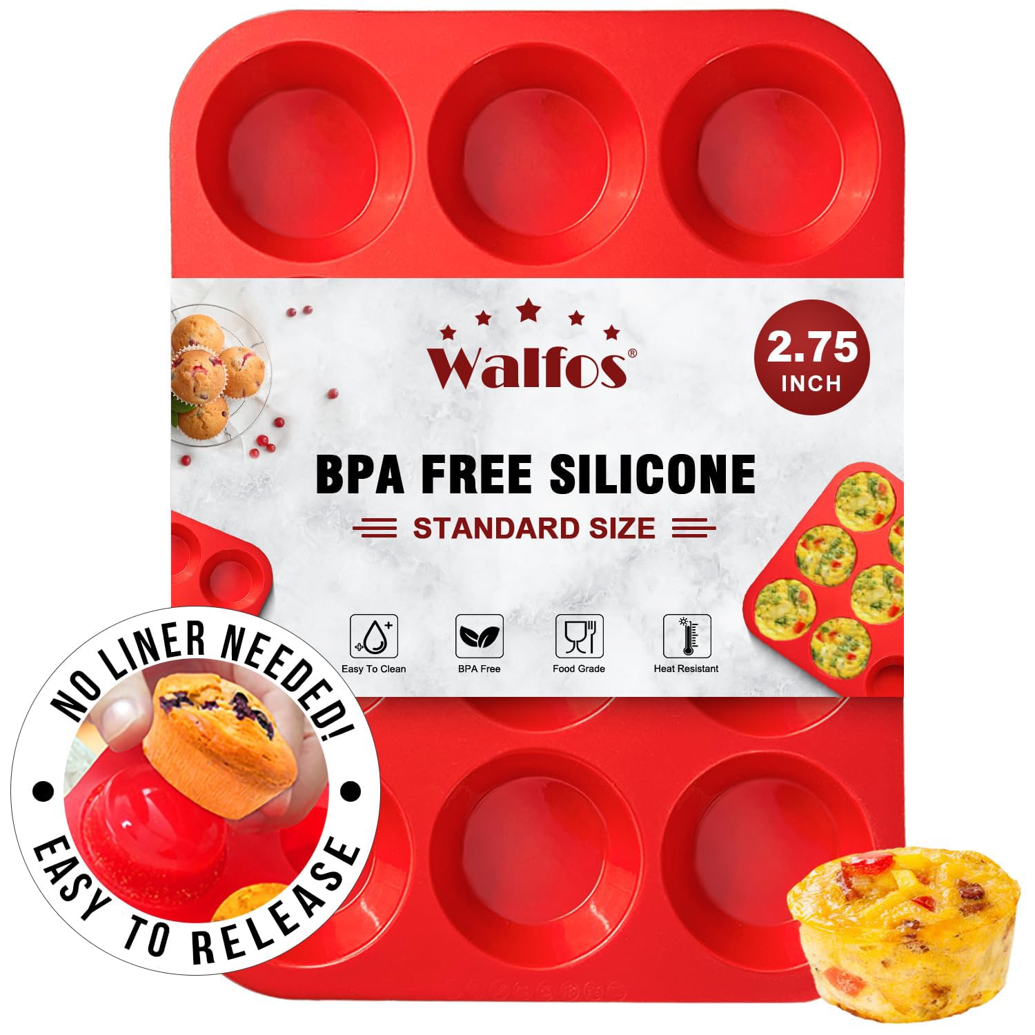 Walfos Silikon-Muffinform – 12 Förmchen, normale Silikon-Cupcake-Form, antihaftbeschichtet, ideal für die Herstellung von Muffin-Kuchen, Torten, Brot, BPA-frei und spülmaschinenfest
