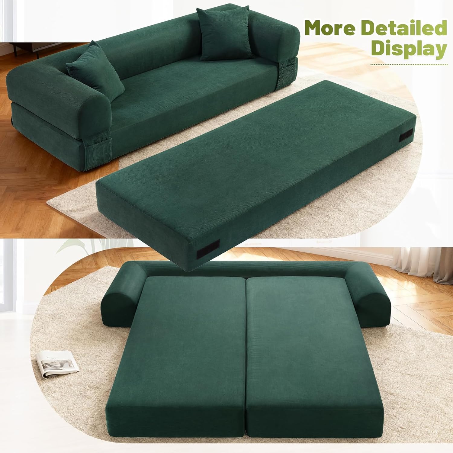 80 Inch Convertible Sofa Bed,Folding Pull Out Couch with Pillows & Storage Pocket,Corduroy Queen Sleeper Sofa in a Box,No Assembly Boneless Couch for Living Room,Deep Green