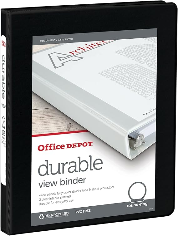 OfficeMax Durable View Binders with Round Ring 1/2", Black