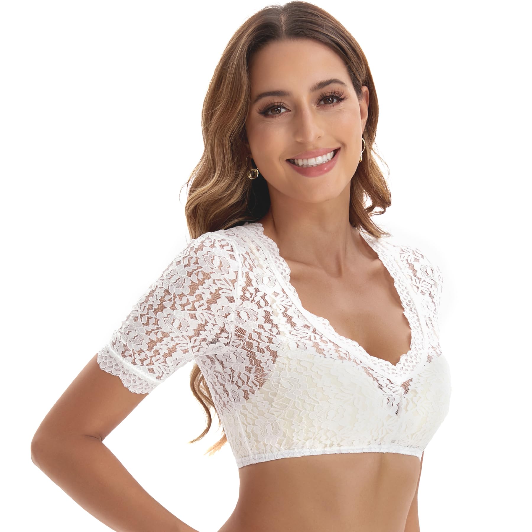 Dirndl Bluse, Camicia Dirndl Donna, Camicia Bavarese Donna,Dirndl Blouse, Scollatura a V, Bianco