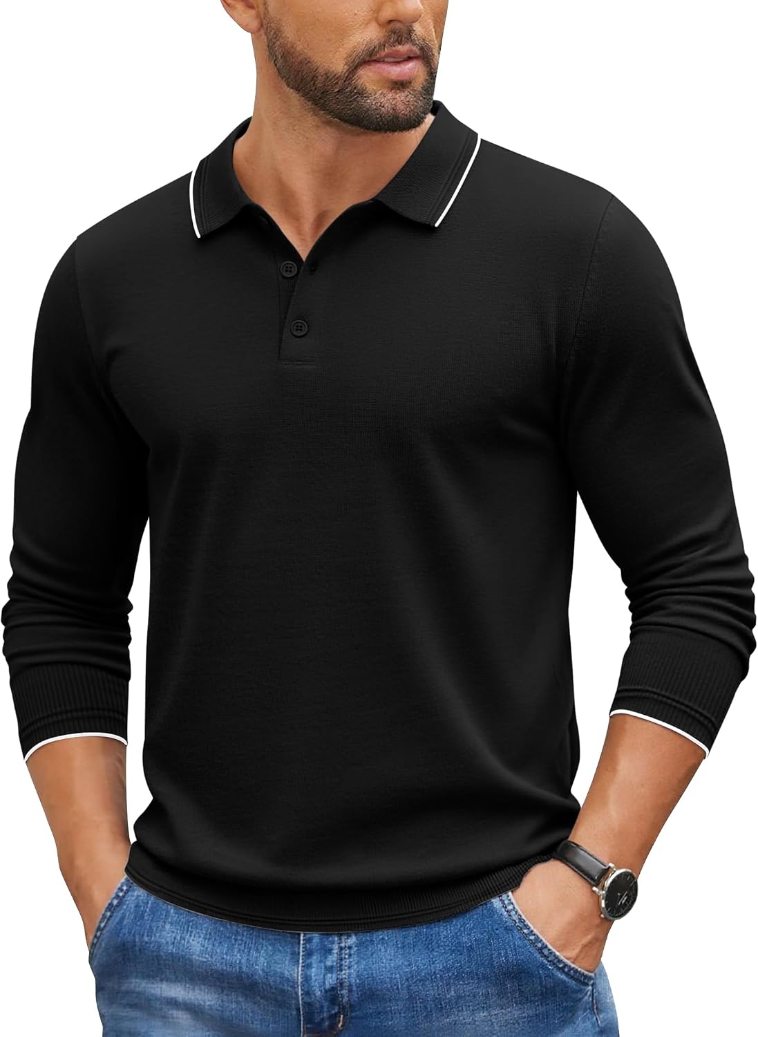 COOFANDY Mens Knit Polo Sweater Long Sleeve Casual Golf Polo Lightweight Dress Button Collar Pullover Sweaters