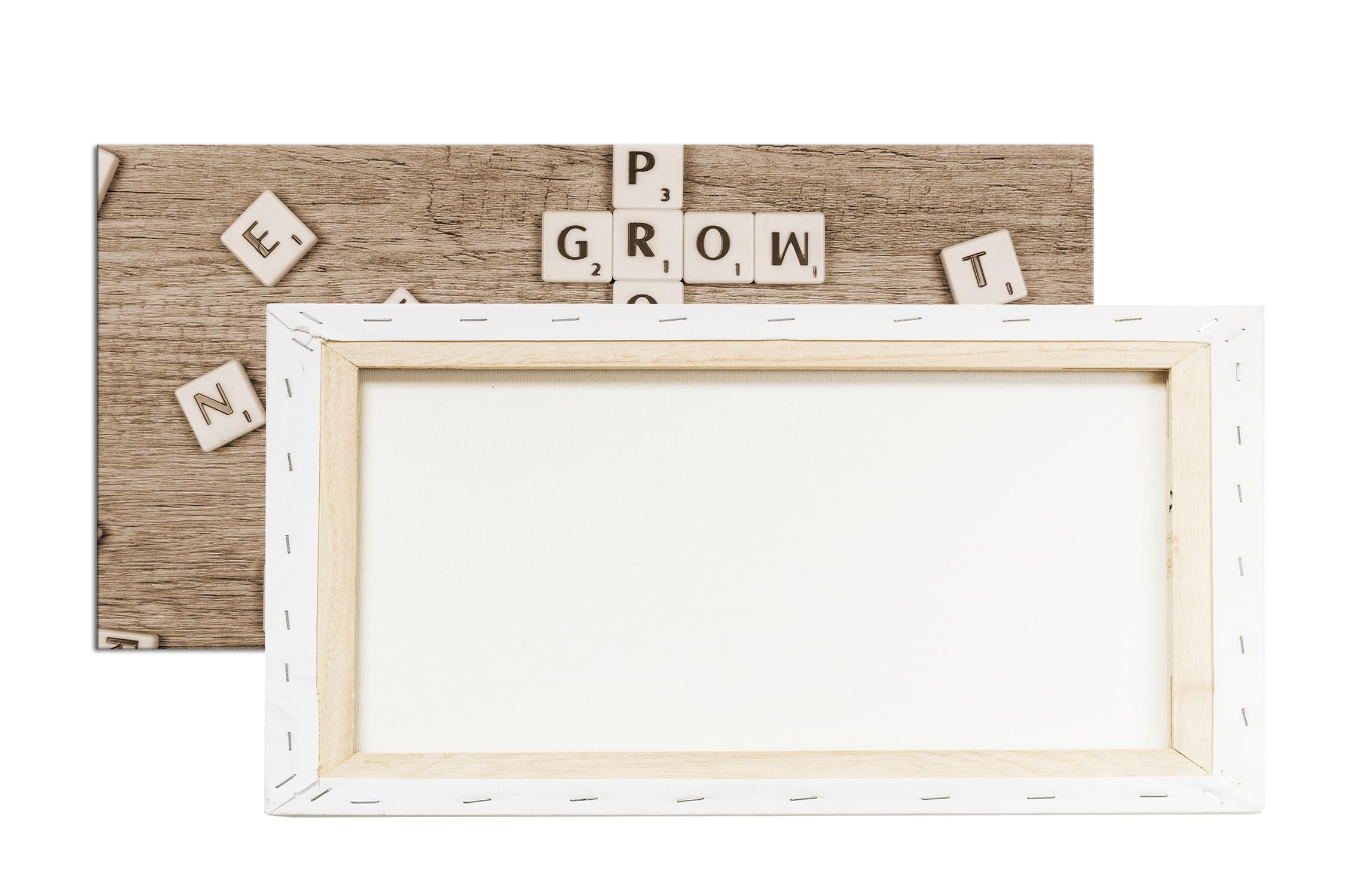 Crecimiento y éxito, como crucigrama de piedras de letras, panorámico, 120 x 60 cm, efecto: sepia XXL, impresión artística sobre marco de madera, lienzo, mural, decoración de salón
