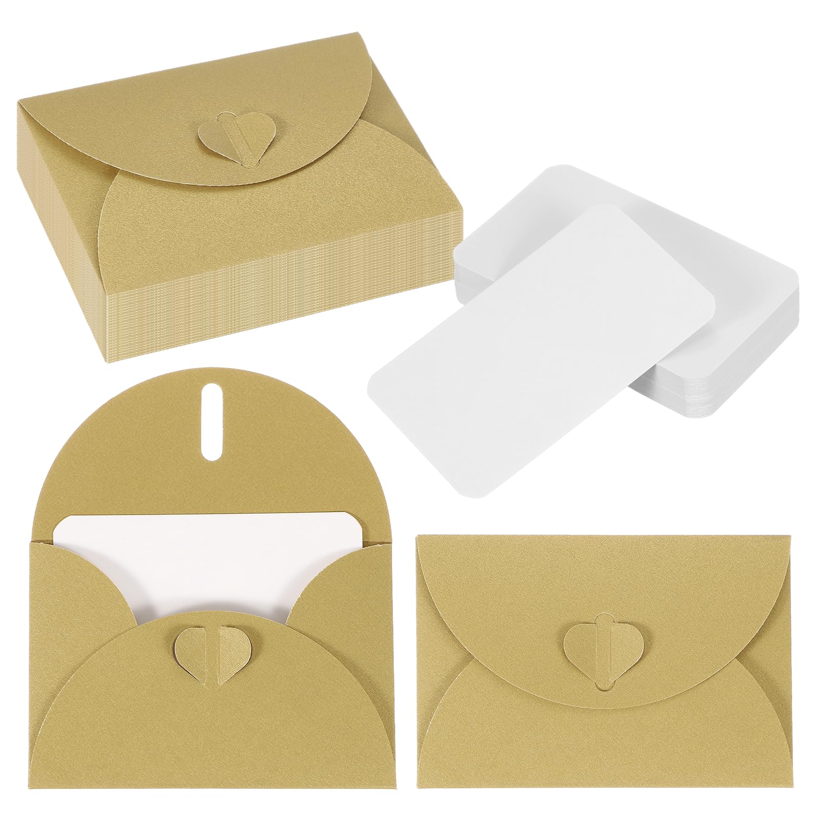 PATIKIL 50 Set Mini Envelopes with Heart Clasp, 4.1x3 Blank Note Cards with Envelopes for Gift Wedding Invitation Graduation Holiday Thanksgiving Day Christmas, Gold