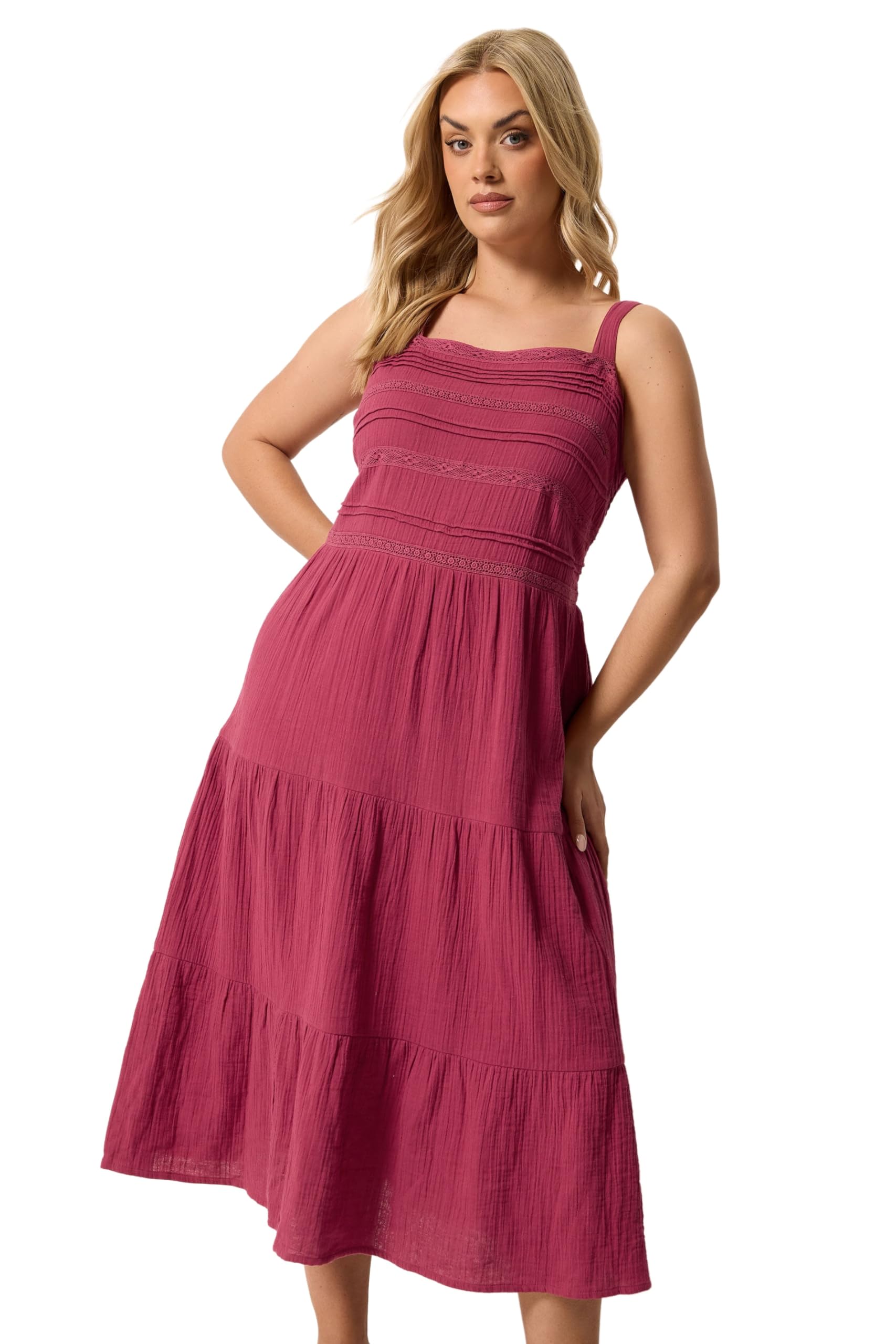 Yours Women's Dark Pink Curve Pink Cheesecloth Pleated Tiered Dress - Plus Size Curve