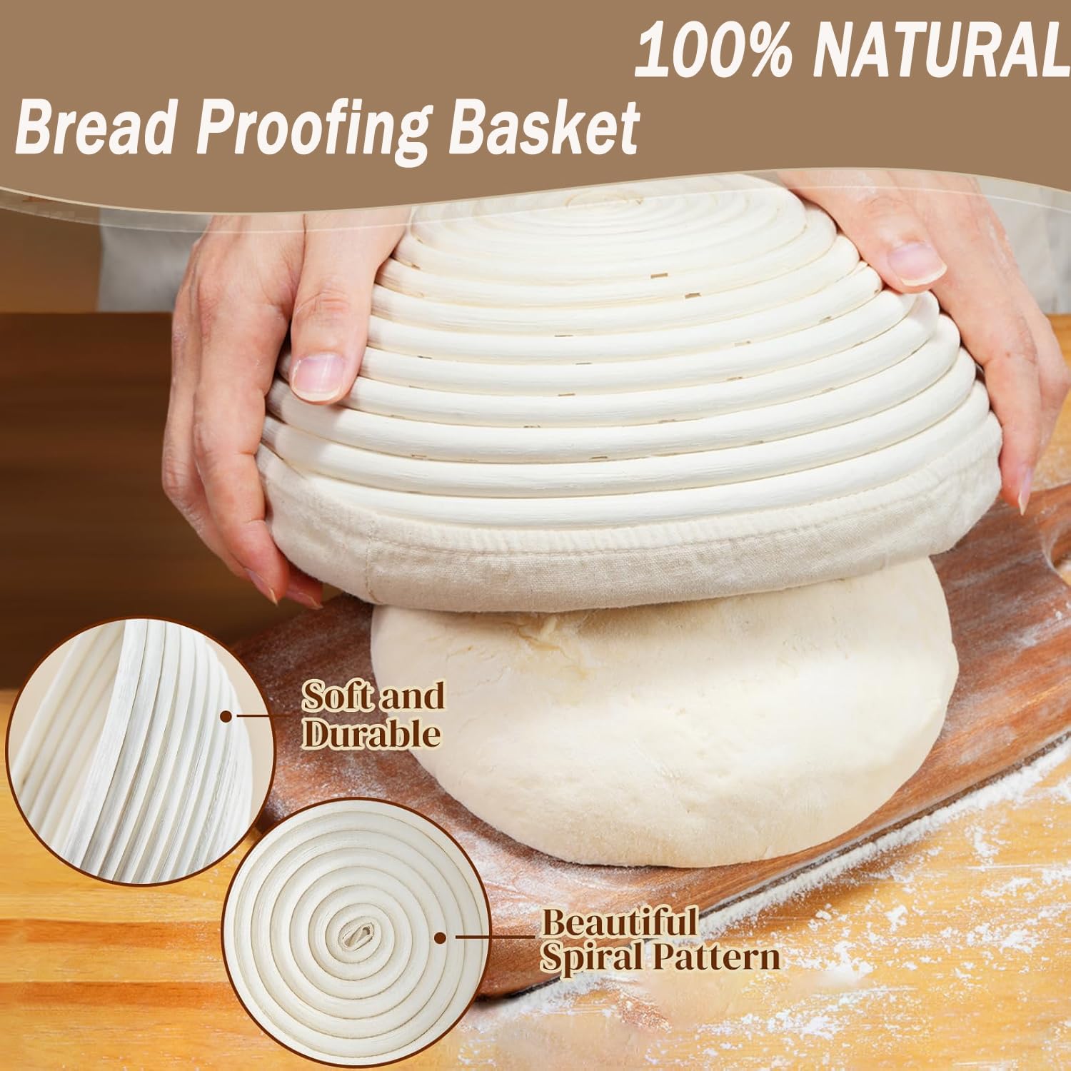 Panier à pain rond en rotin avec doublure en lin - 22 cm - 100 % rotin naturel - Pour levain - Comprend un coupe-pâte, un coupe-pain, pour boulangers professionnels et amateurs