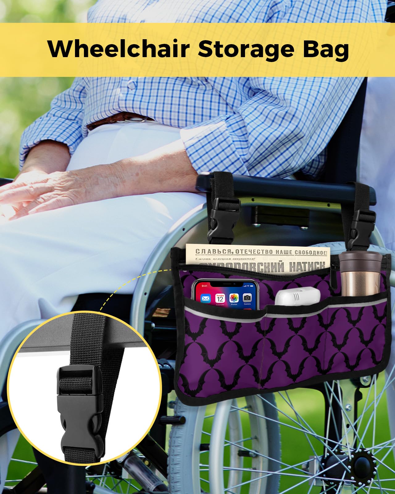 Halloween Bats Wheelchair Side Bag Walker Bag, Purple Black Horror Wheelchair Accessories Armrest Pouch, Organizer Storage Bag for Walkers, Rollators, Scooters, 7.3''x13''