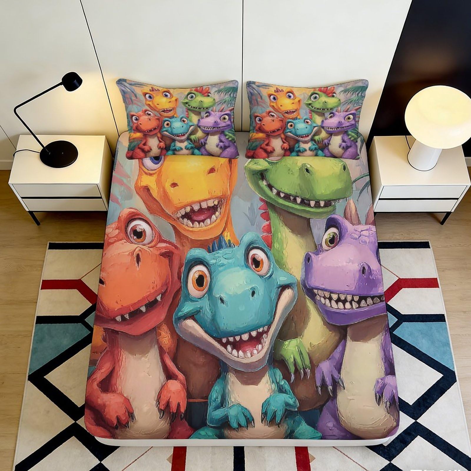 3D Printed Colorful Dinosaur Fitted Sheet Microfiber Soft Durable Cartoon Bed Cover for Bedroom Dormitory Guest Room Mattress Protection 200x200x25cm