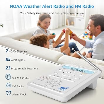 DreamSky Weather Radio NOAA Alert with Battery Backup & FM Radio for Home | S.A.M.E. Localized County Code Programming, 80+ All Hazards Emergency Alerts, 3 Alert Tones, Plug in Radios & Alarm Clock
