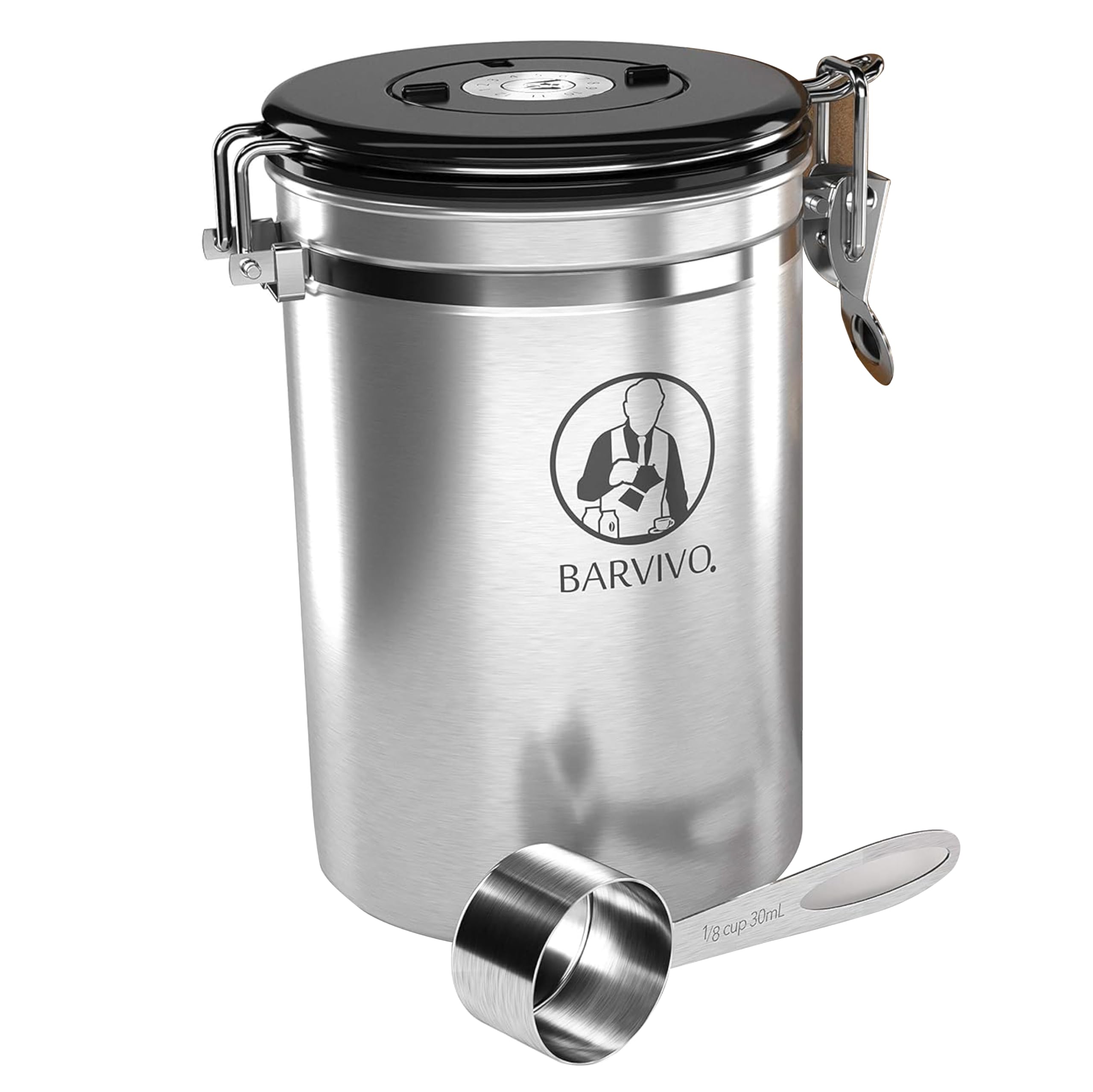 Barvivo Coffee Canister for Ground Coffee & Coffee Beans - Airtight Coffee Container with CO2-Release Valve, Date Tracker & Measuring Scoop - Coffee Accessories Ideal as Valentines Day Gifts - Silver