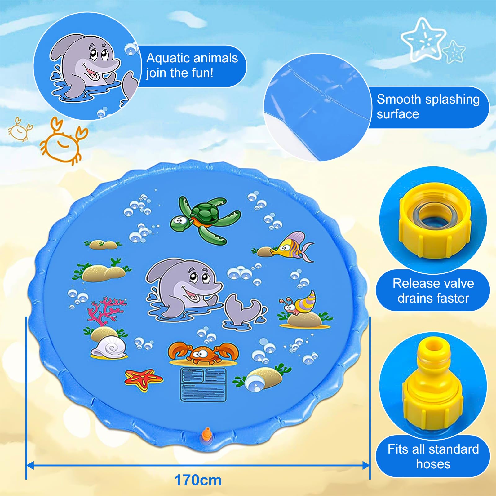 Tappeto Spruzzatore Acqua per Esterno 170 cm, Gioco Acquatico Estivo per Bambini 2 3+ Anni con Attacco per Tubo Giardino, Parco Giochi con Fontana per Cortile, Piscina Animali Domestici