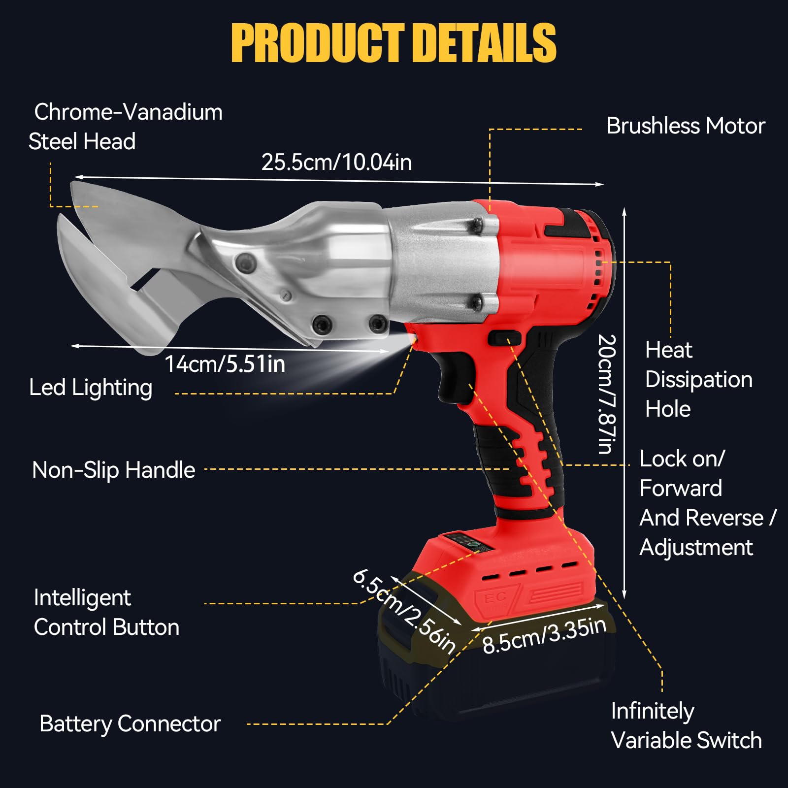 Forbici elettriche senza fili per Milwaukee batteria 18 V, 300 N.m Cesoia per lamiera senza spazzole, max. 2 mm di spessore per lamiera, tappeto, pelle, metallo
