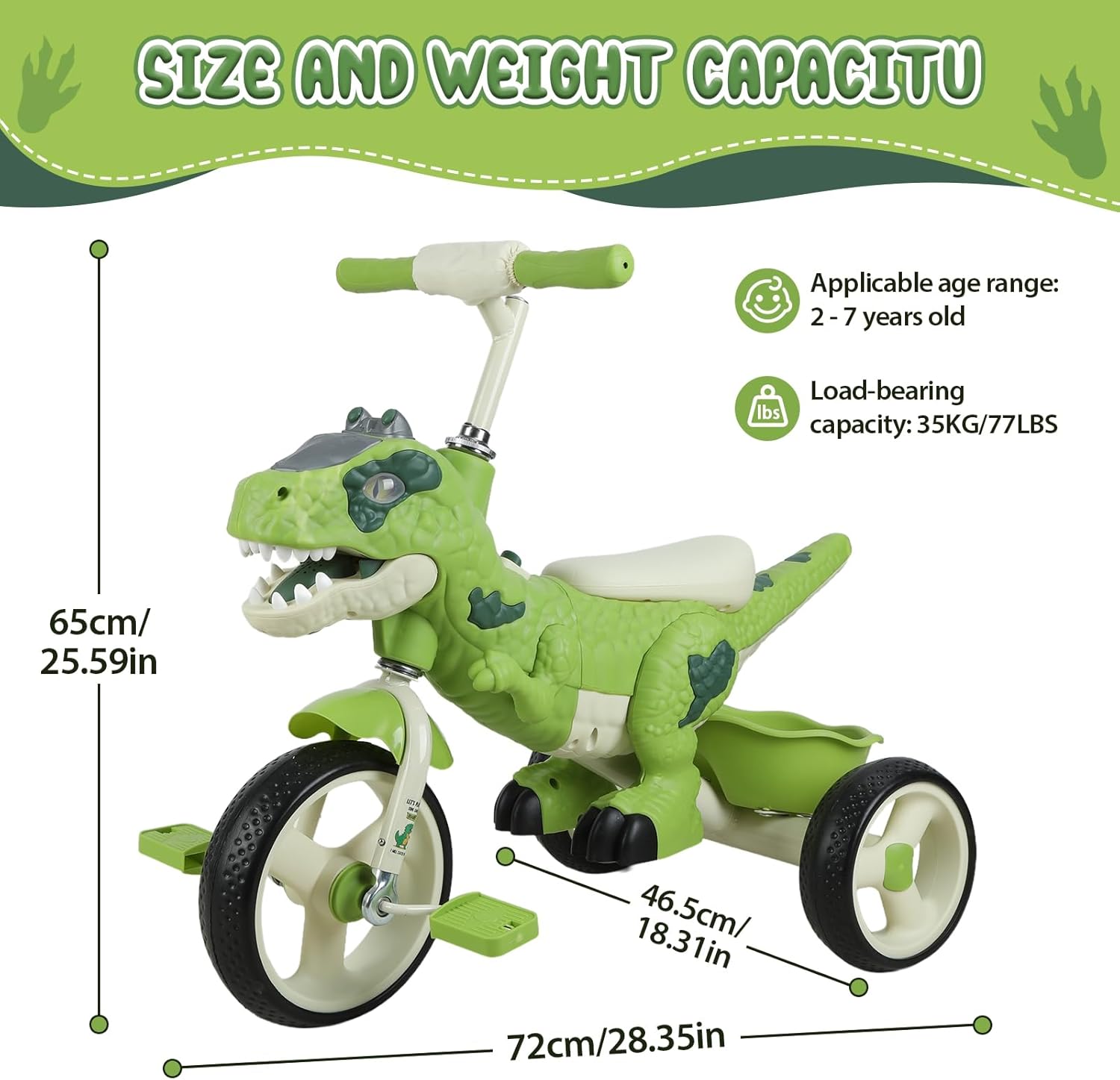 Kids Tricycle for Toddlers, Toddler Tricycle Bike with 10" Non-Slip Wheels, Adjustable Seat & Parent Push Handle, Toddler Trike with Music & LED Light, for Boys & Girls Green