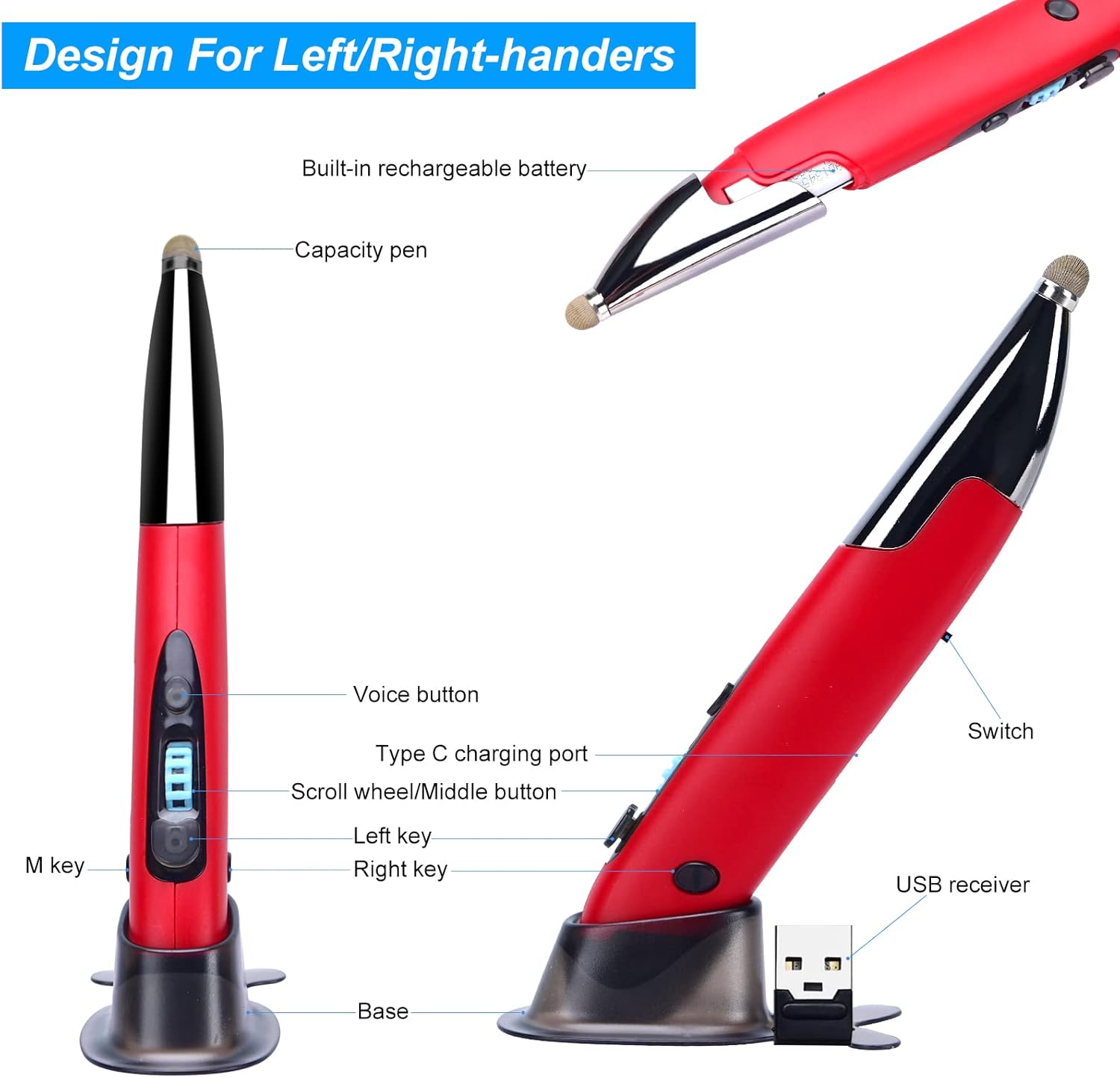 lychee Optical Pocket Pen Mouse with Voice Control and Bluetooth Function, Wireless Handwriting Mini Mice for PC Laptop Notebook Computer(Red)