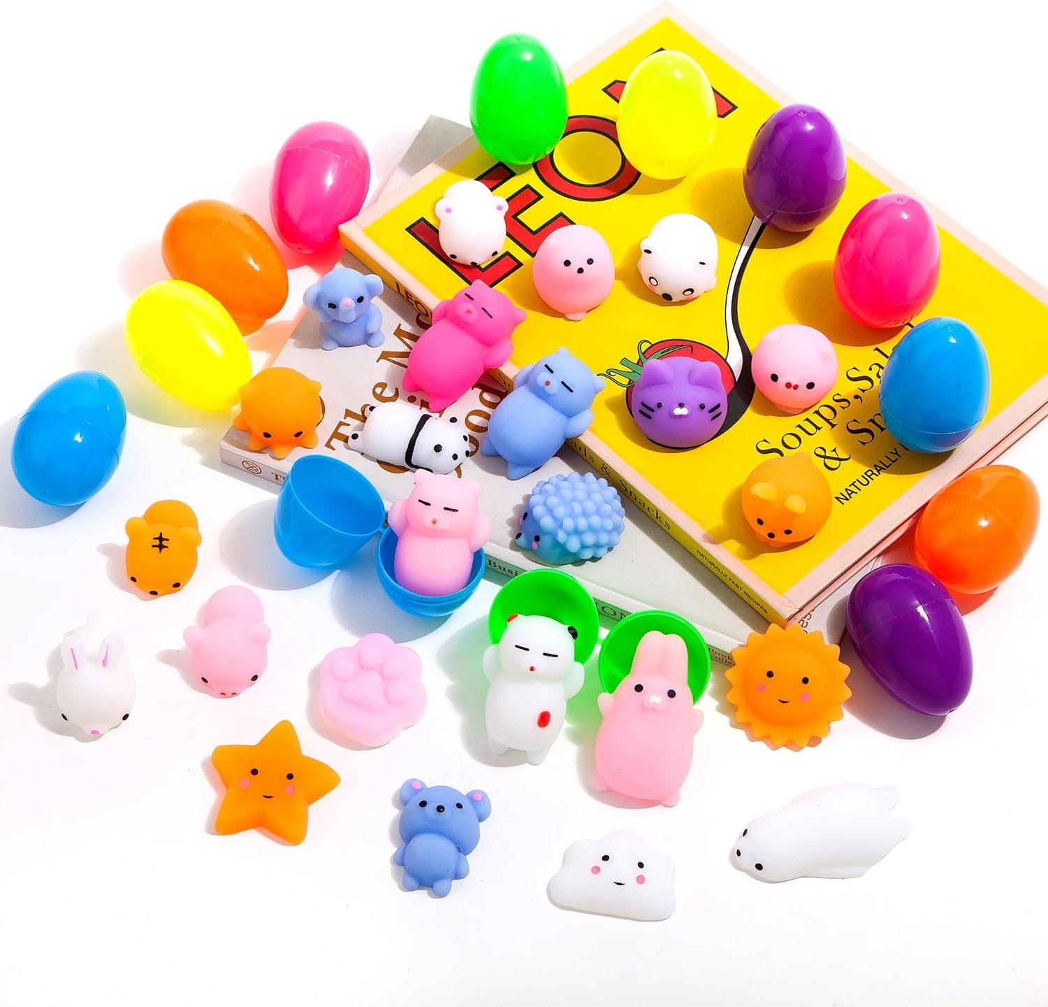 24 Pack Fillers Easter Eggs with Mochi Squishy Toys Surprise Mini Kawaii Animal Squishies Stress Relief Toys for Easter Basket Stuffers Hunt Theme Party Favors Classroom Prize Supplies