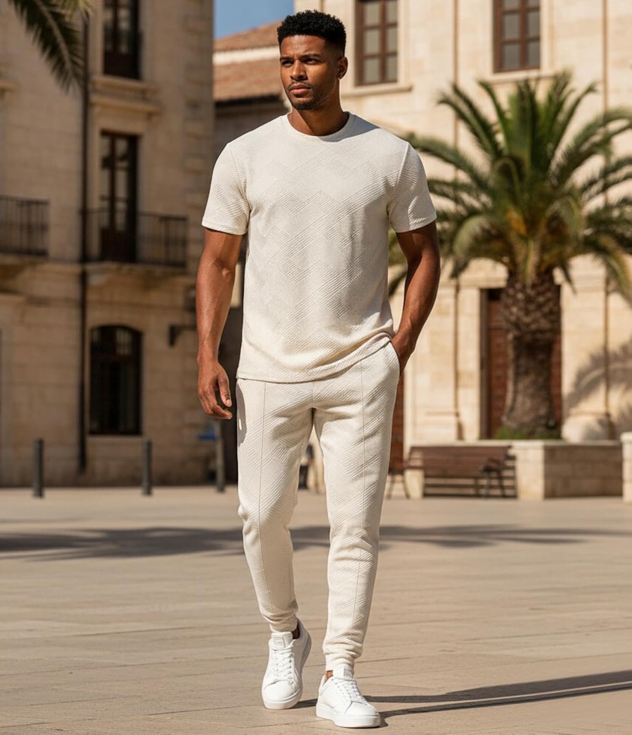 UOUA Mens 2 Piece Sweatsuit Set Short Sleeve Sweatshirt Jogging Sweatpants Tracksuits Outfits - Image 2