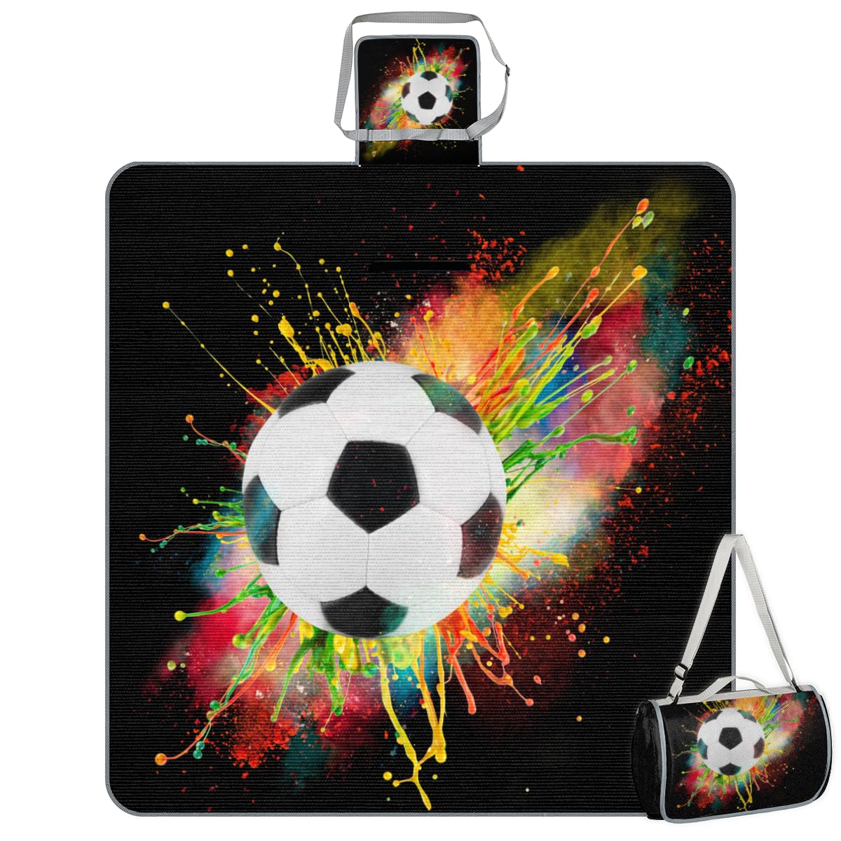 Shimoshe Picnic Blankets 57”x 59”, Colorful Splash Soccer Football Waterproof Sandproof Picnic Mat Lightweight Foldable Beach Blanket for Camping Park Grass Beach Outdoor Blanket