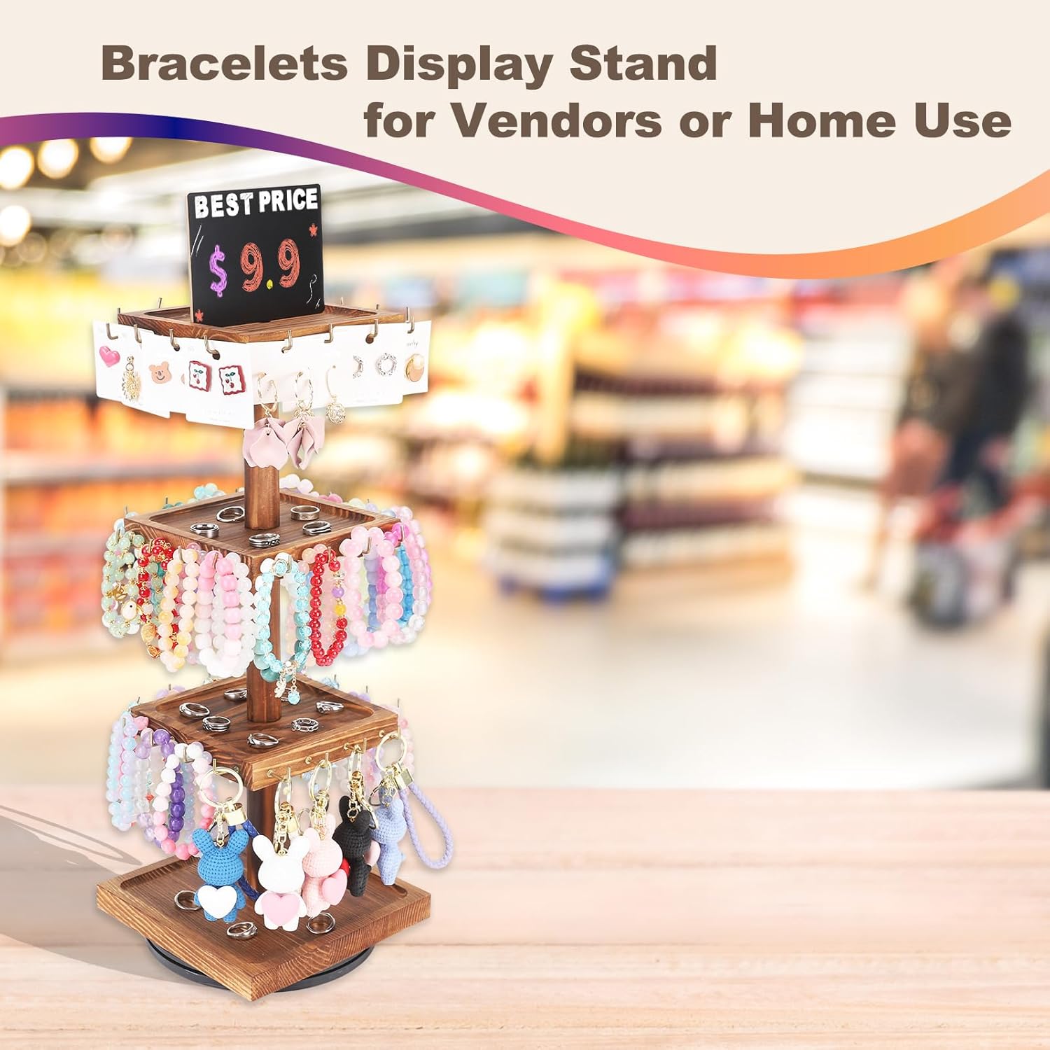 BDBDYEAY Bracelet Holder, 360° Rotating Jewelry Holder Organzier with Tray, Wooden Jewelry Tower with 48 Hooks, 4-Tier Large Capacity Jewelry Display Stand for Vendors Sell Bracelet Keychain Earring