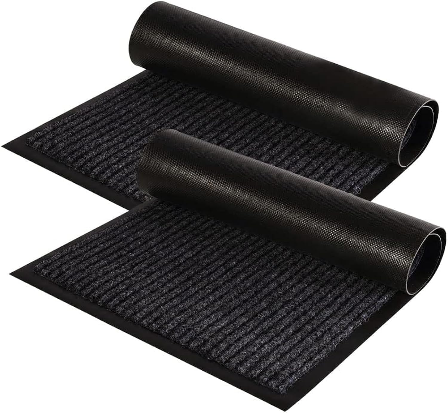 2 Pack Front Door Mat Ribbed 60x40cm Indoor Outdoor Floor Doormat Rug Entryway Welcome Mats Entrance Shoe Scraper Entry Inside Outside Garage Traffic Utility Porch Area Black