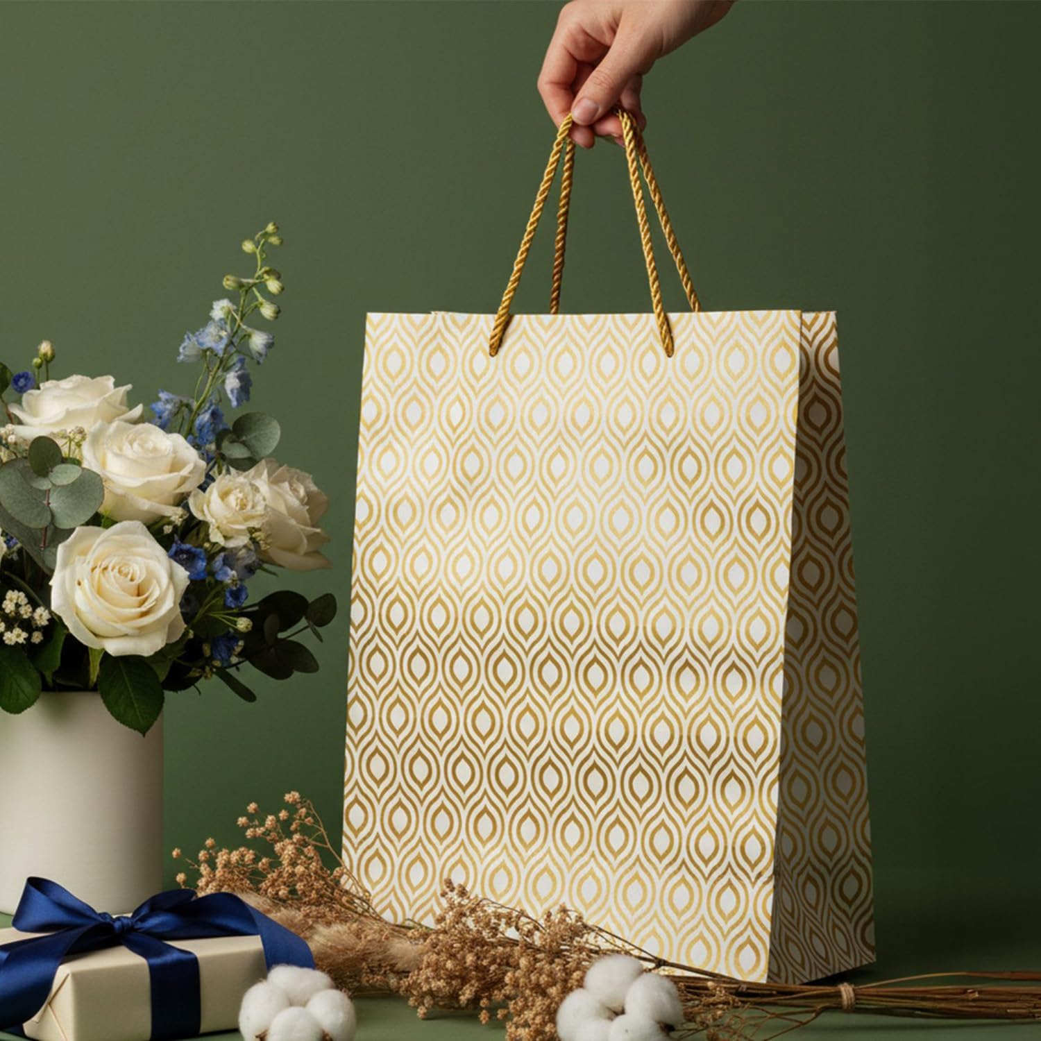 PrettyKrafts Leaf Printed Paper Gift Bags | Pack of 15 | 38x28x9 cm | Large Size | Reusable & Eco-Friendly Paper Bags for Gifting, Parties, Return Gifts, Shopping and Special Occasions (Gold)
