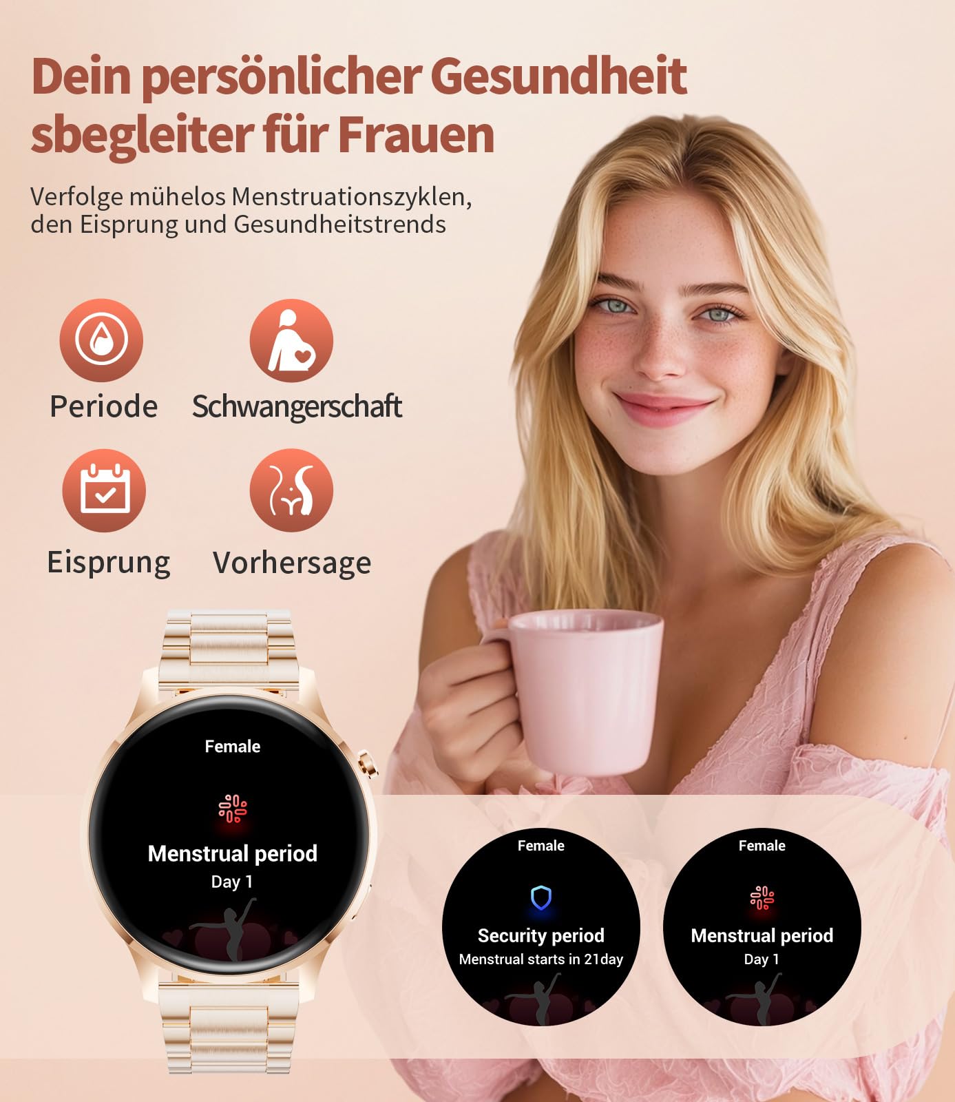 SUNKTA Smartwatch Damen mit Telefonfunktion 7,9mm Dünn 1.32" AMOLED Elegant Edelstahl Smart Watch Frauen für Android iOS,Herzfrequenz,Schlafmonitor,Menstruationszyklus,100+ Sportmodi,Roségold