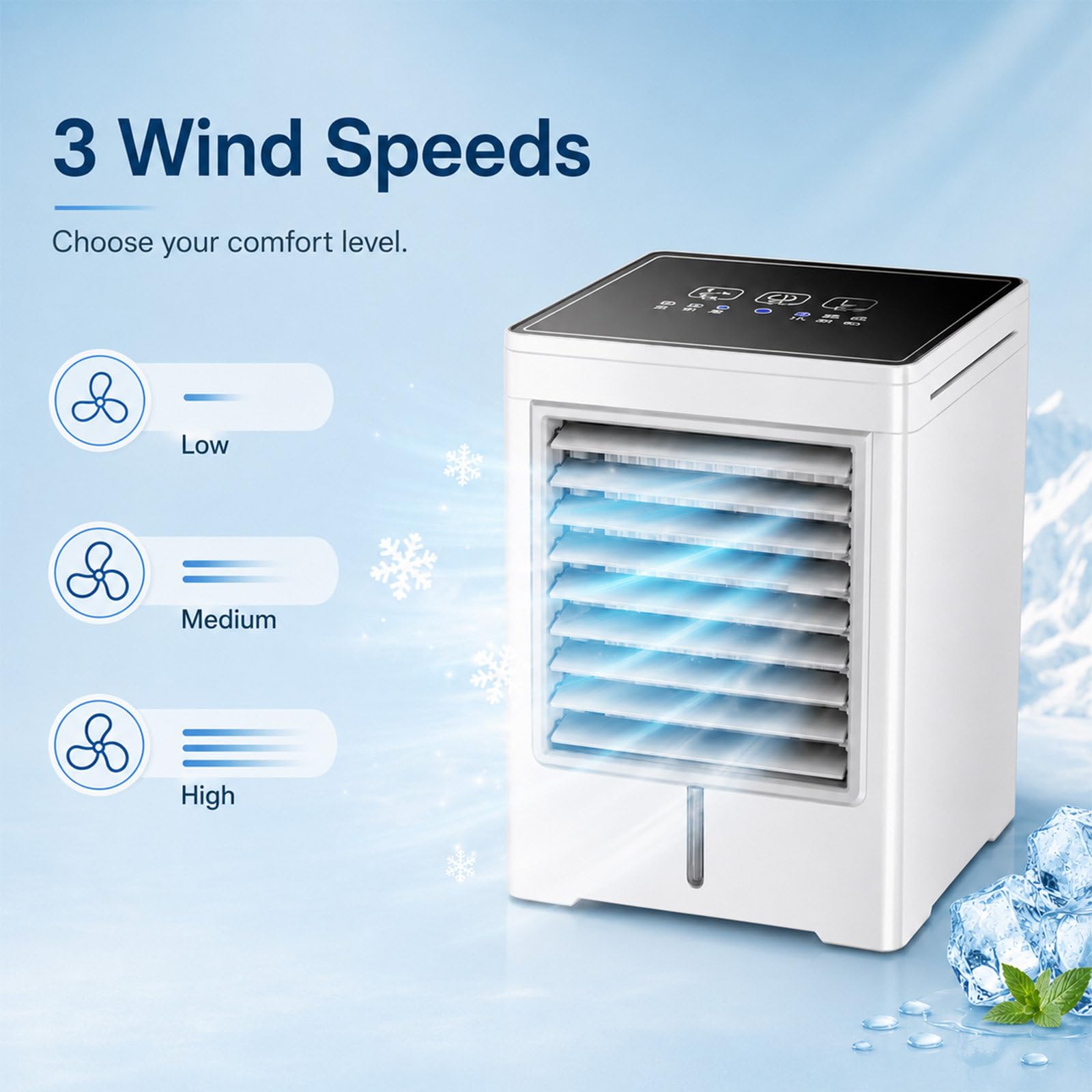 Condizionatore Portatile, Raffrescatore Evaporativo Alimentato Tramite USB, Ventilatore con 3 Timer, Serbatoio 470ml, 3 velocità, Super Silenzioso per Casa e Ufficio