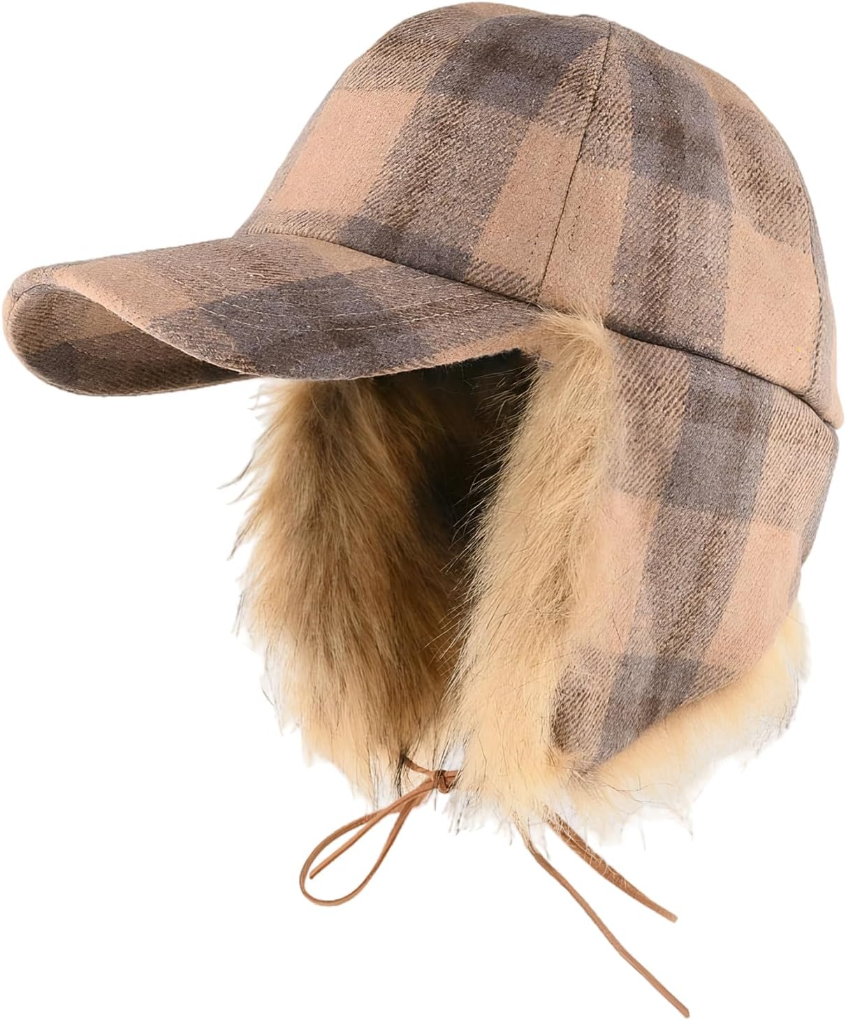 PURFUN Winter Windproof Warm Baseball Caps with Fuzzy Faux Fur Ear Flaps, Men Women Classic Tartan Visor Ski Cap Trapper Hats