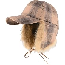 Faxianther Men Women Winter Warm Baseball Cap with Faux Fur Ear Flaps, Wide Brim Visor Full Cover Balaclava Windproof Ski Cap
