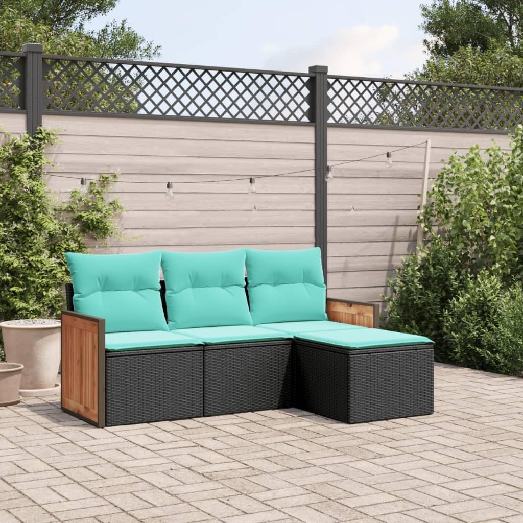vidaXL Patio Sofa Set with Cushions - 4 Piece Outdoor Black PE Rattan Furniture, Modular Design, Storage Function, Waterproof Bags, Washable Covers, Versatile for Patio, Garden, Deck
