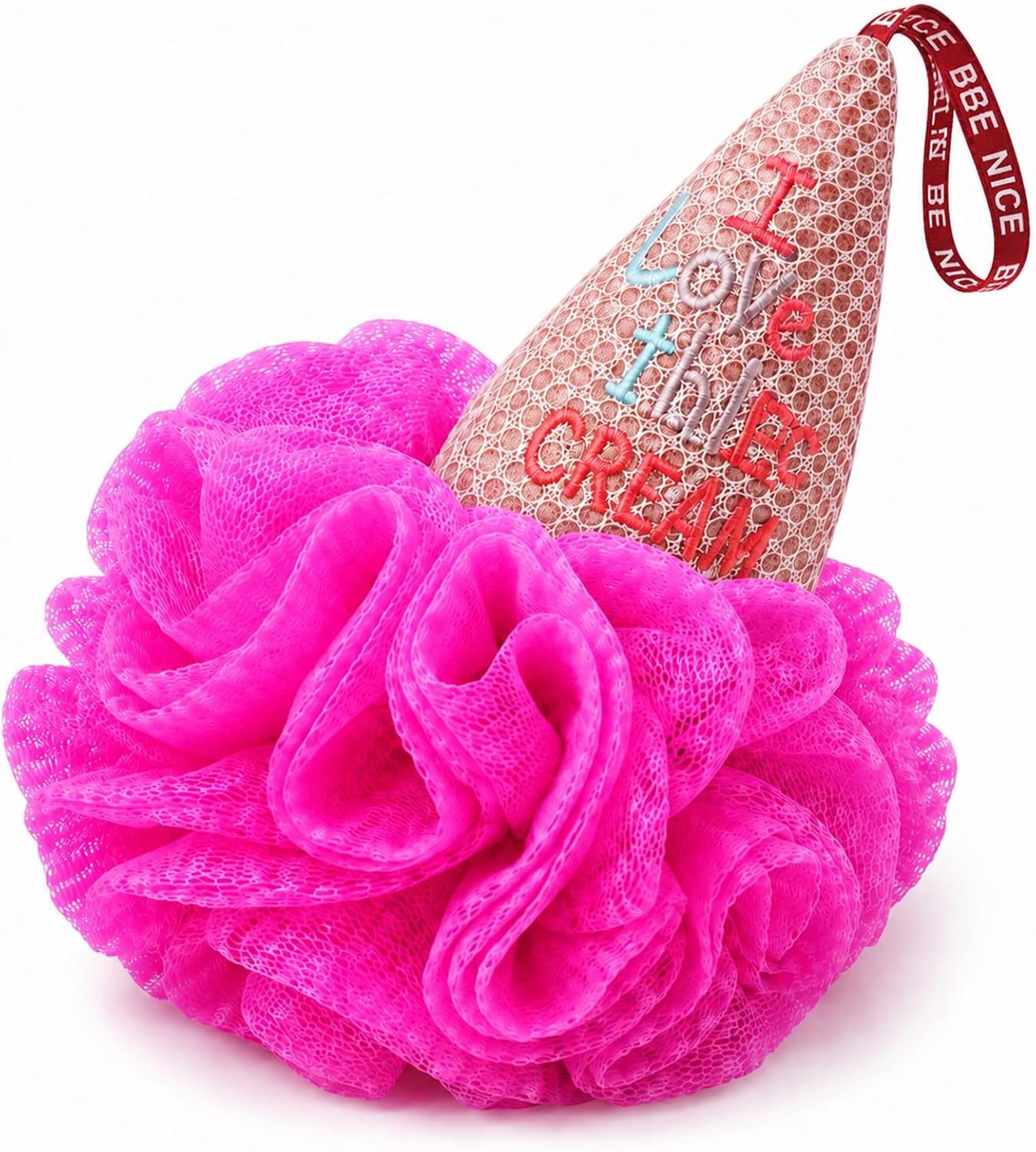 Shower Loofah, Ice Cream Shaped Bath Sponge Mesh Pouf with Hanging Loop